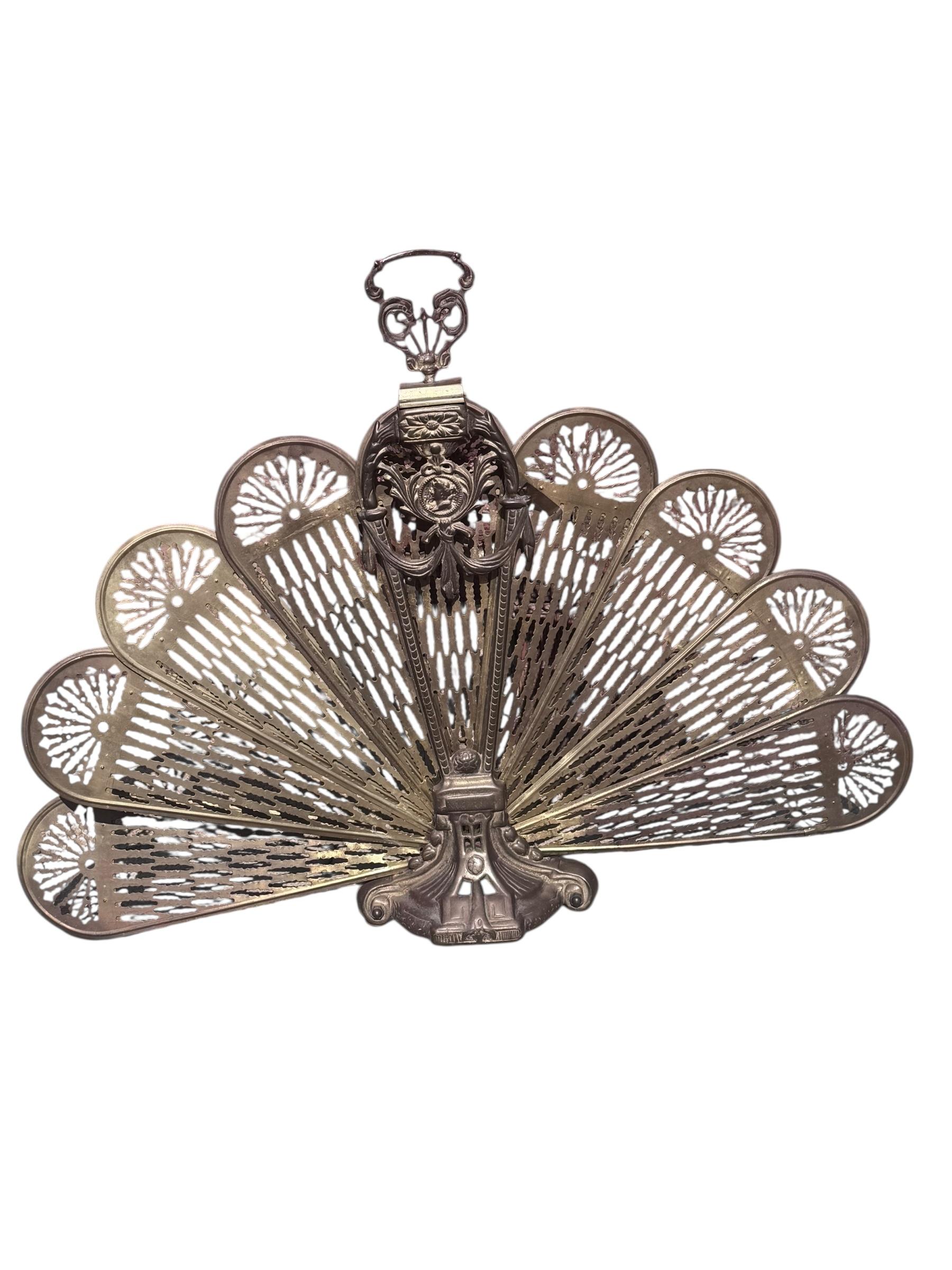 Hand-Crafted Antique Victorian Cameo Brass Peacock Fireplace Fan Folding Screen For Sale