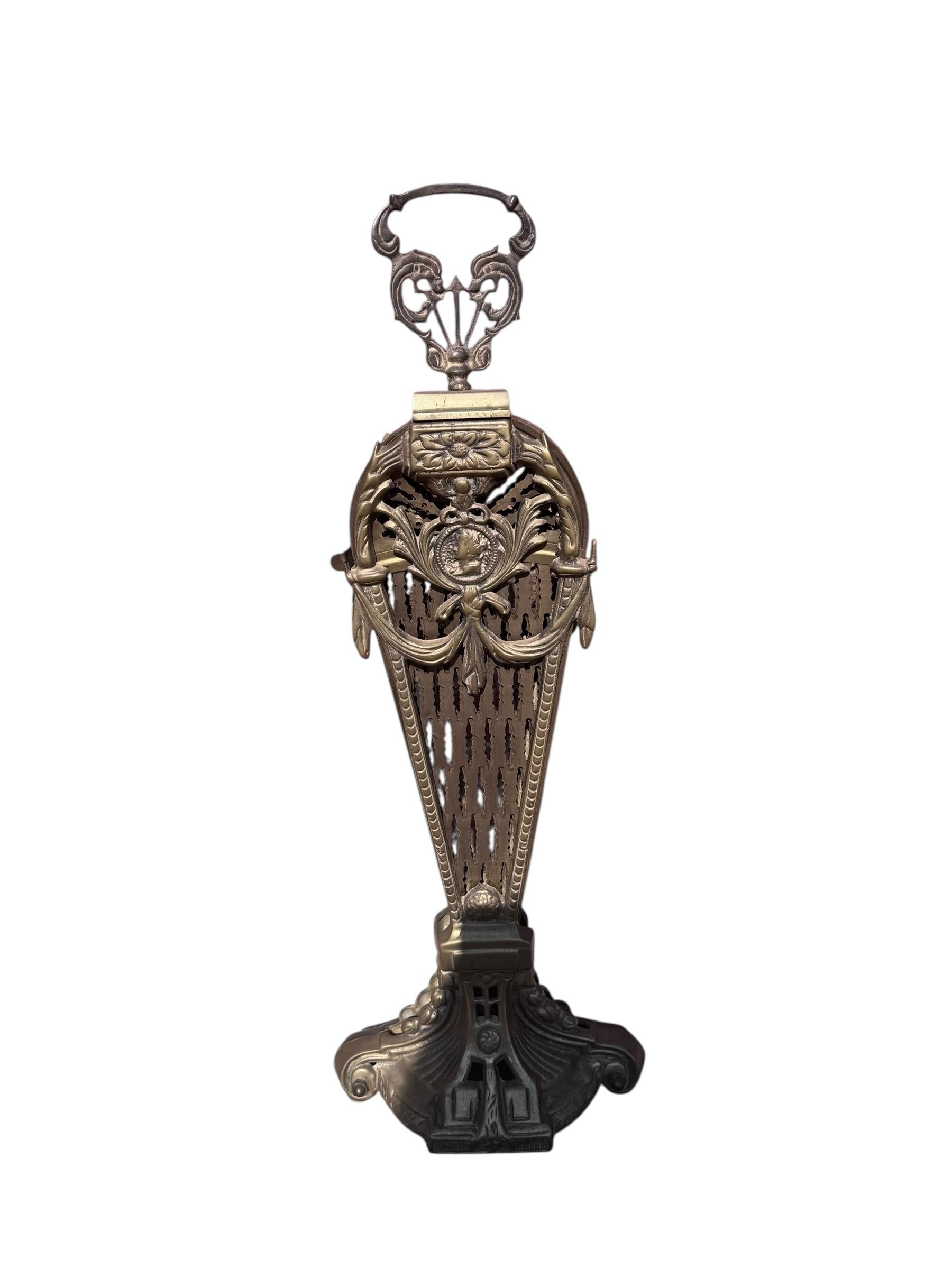 20th Century Antique Victorian Cameo Brass Peacock Fireplace Fan Folding Screen For Sale
