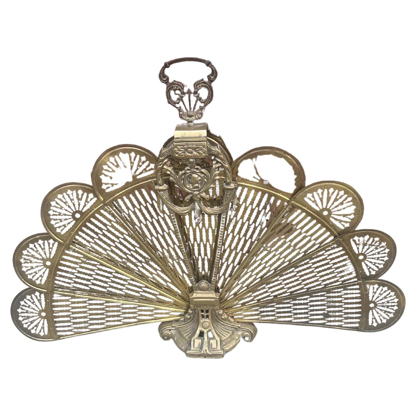 Antique Victorian Cameo Brass Peacock Fireplace Fan Folding Screen For ...