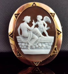 Antique Victorian Cameo Brooch, Cupid, 9 Karat Gold