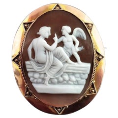 Antique Victorian Cameo Brooch, Cupid, 9 Karat Gold