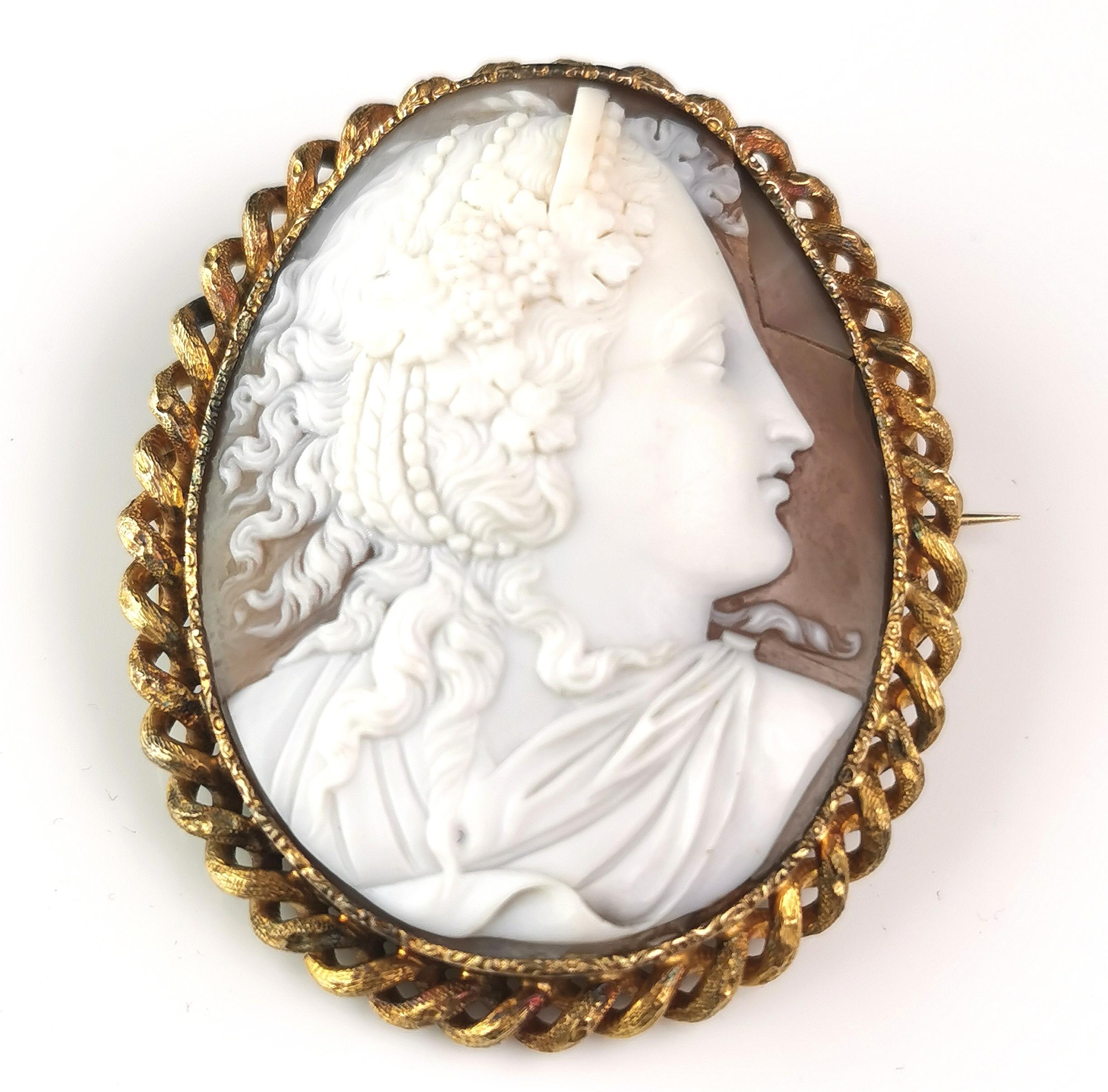 Antique Victorian cameo brooch, gilt brass  In Fair Condition In NEWARK, GB
