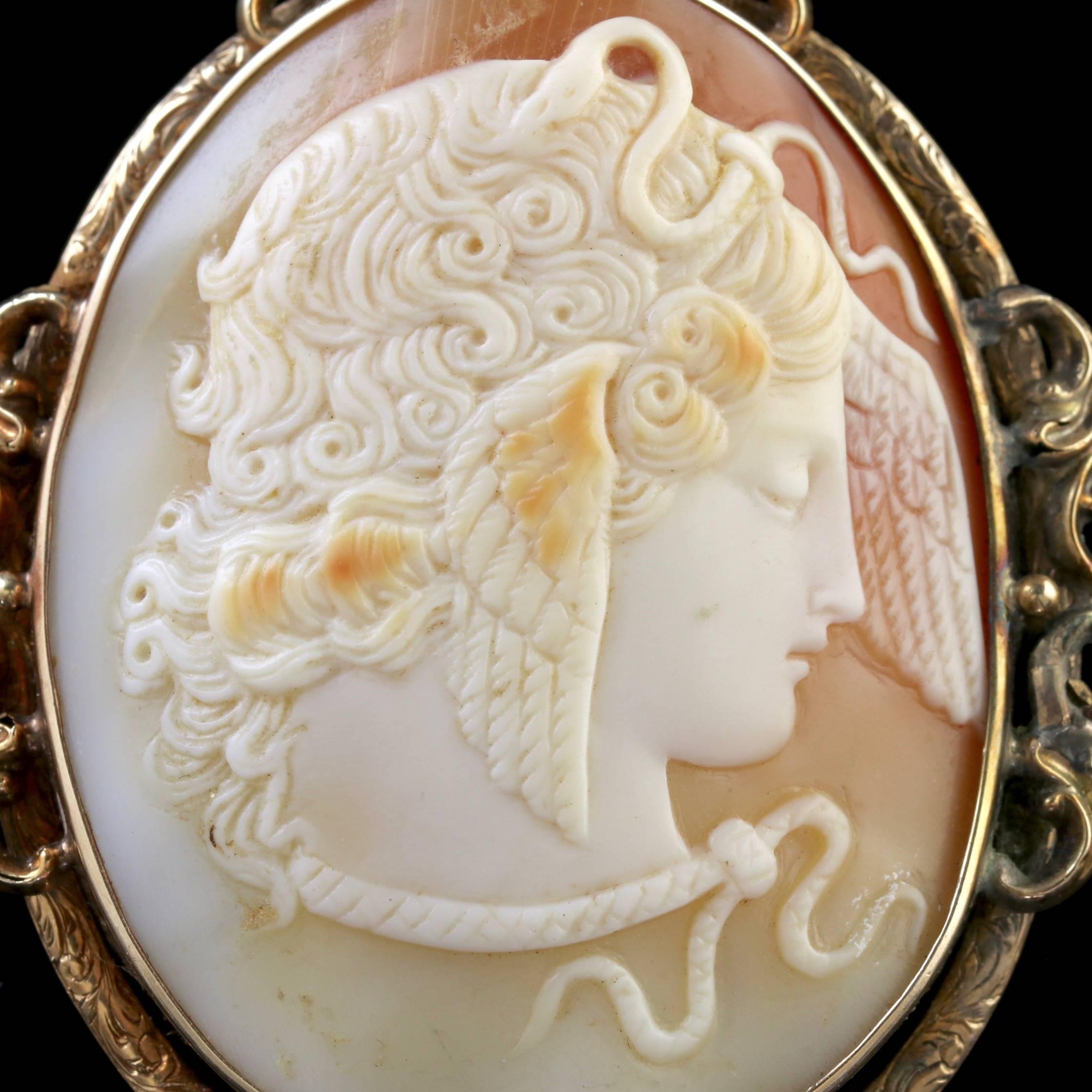 To read more please click continue reading below-

This magnificent antique Victorian 15ct Gold hand carved Medusa Cameo Brooch is Circa 1860. 

The Cameo depicts the Gorgon Medusa who was known in Greek mythology for her venomous stare which was