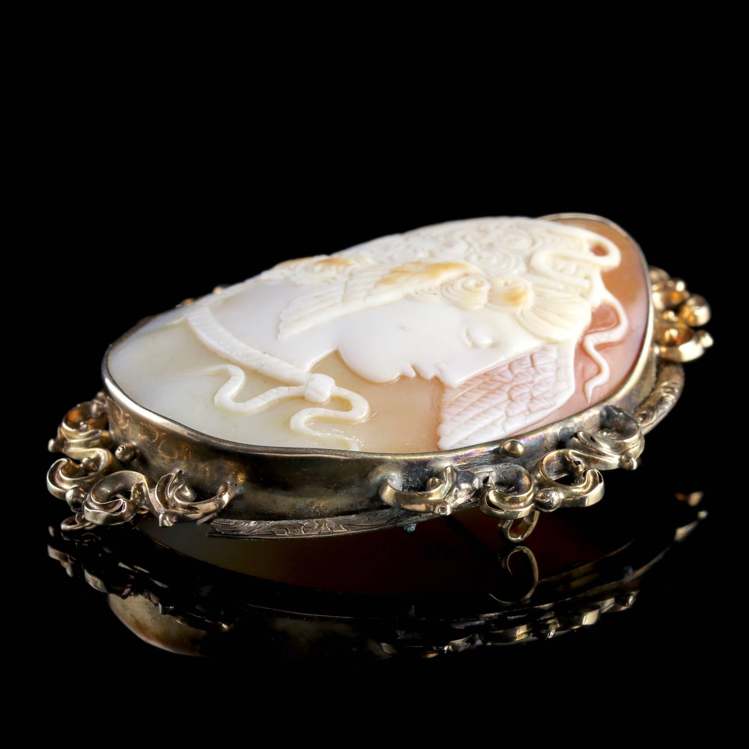 Antique Victorian Cameo Brooch Medusa 15 Carat Gold, circa 1860 In Excellent Condition In Lancaster, Lancashire