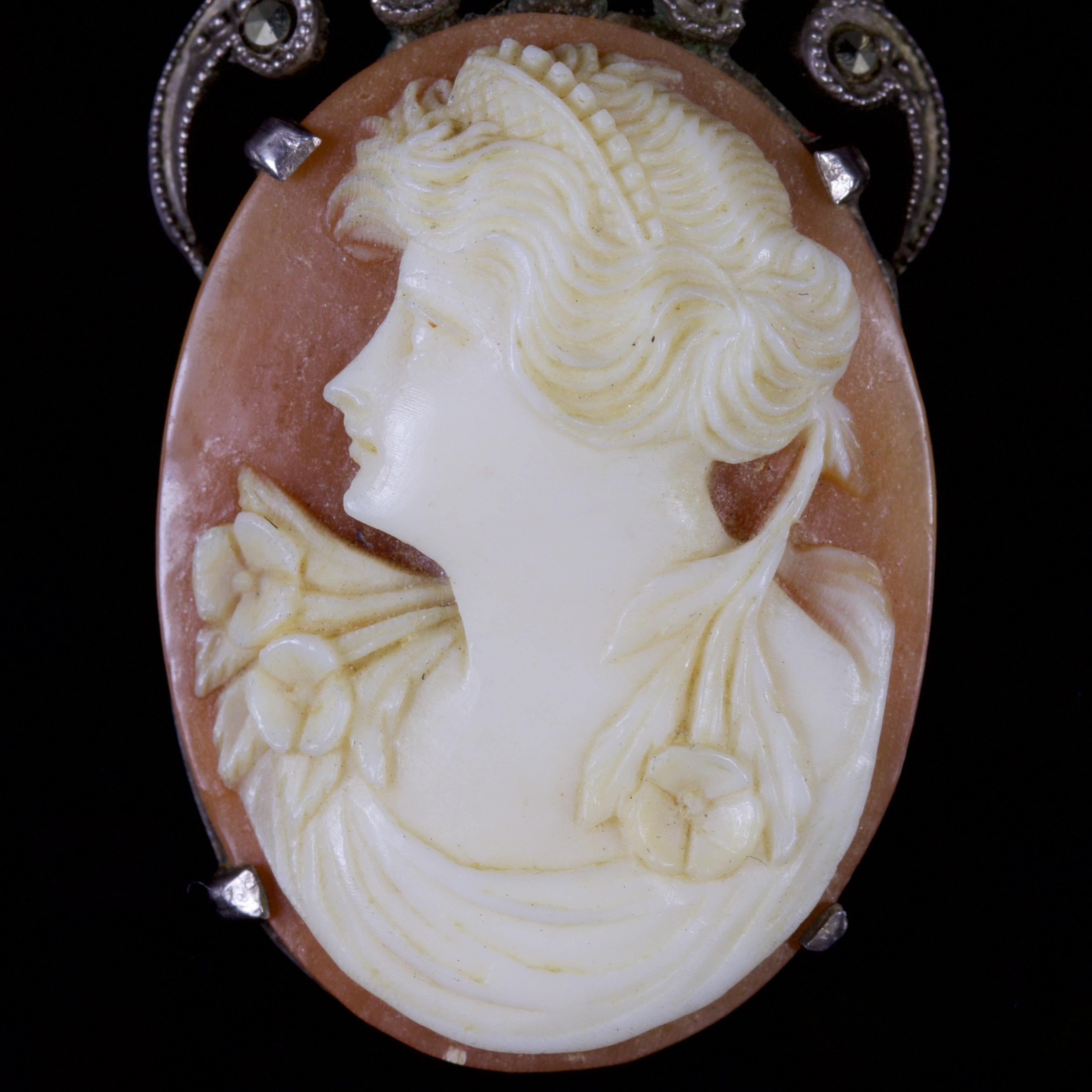 Antique Victorian Cameo Marcasite Necklace Sterling Silver, circa 1900 For Sale 1