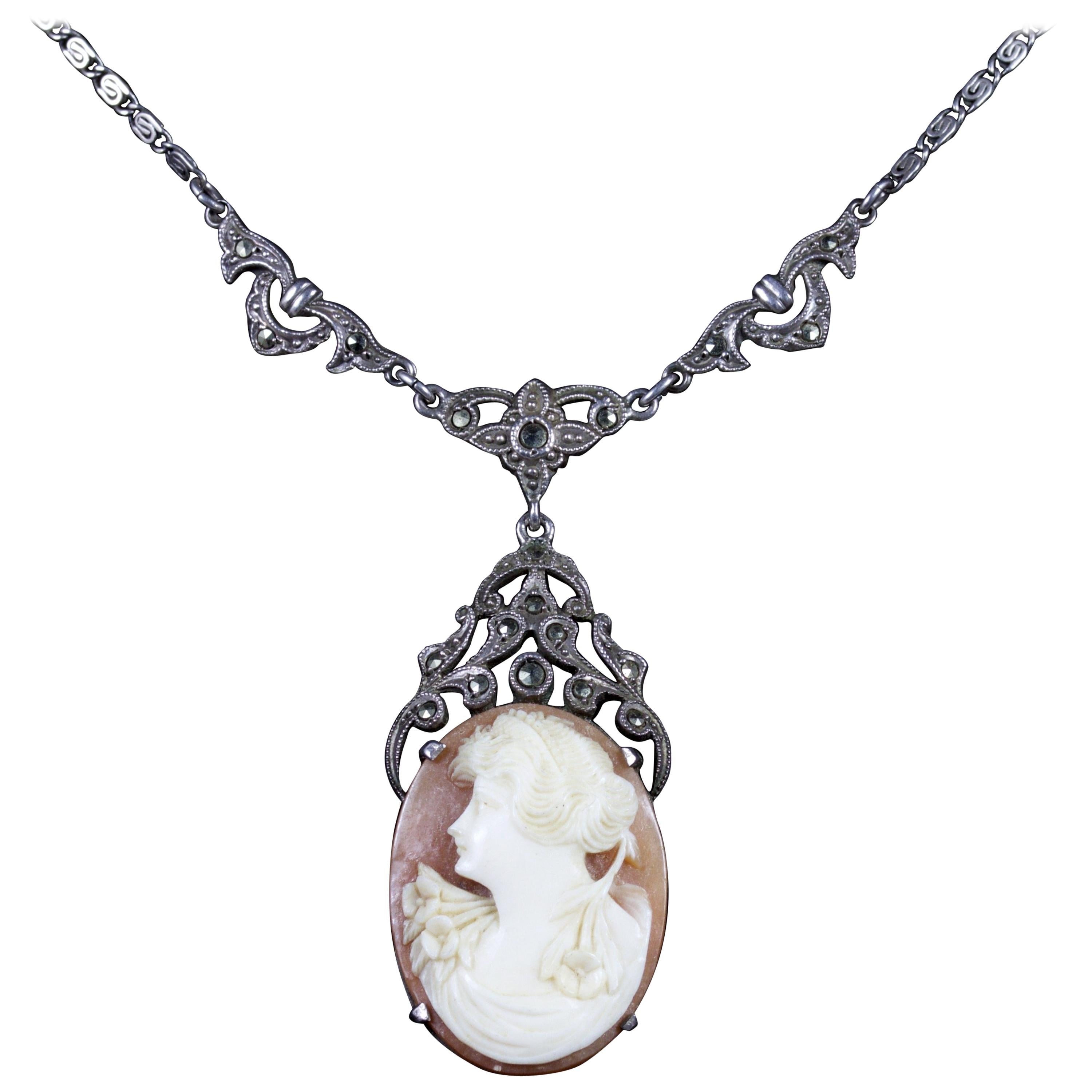 Antique Victorian Cameo Marcasite Necklace Sterling Silver, circa 1900 For Sale
