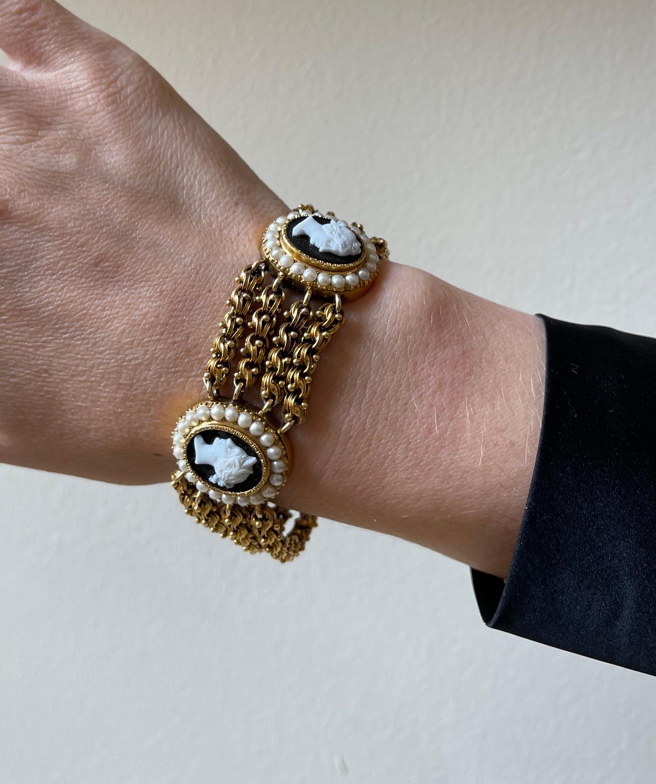 Antique Victorian 14k gold 4 row bracelet, featuring two hardstone cameo stations, depicting a lady's profile, surrounded with pearls. Bracelet is 7
