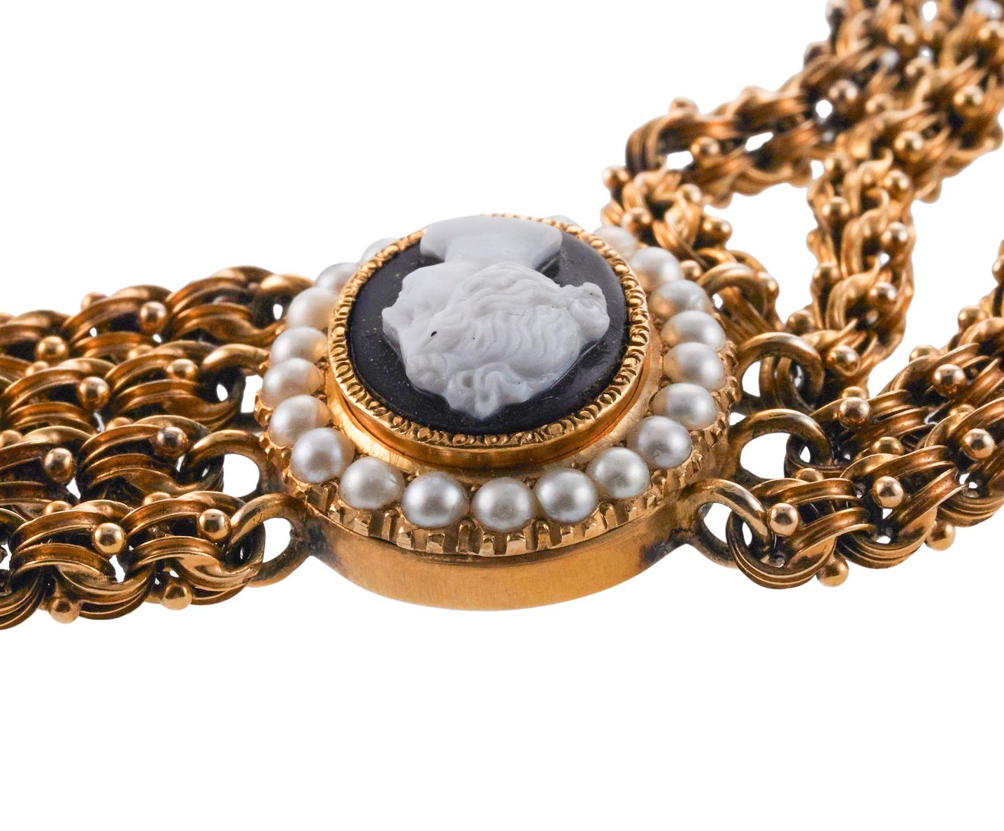 Women's Antique Victorian Cameo Pearl Gold Multi Row Bracelet For Sale