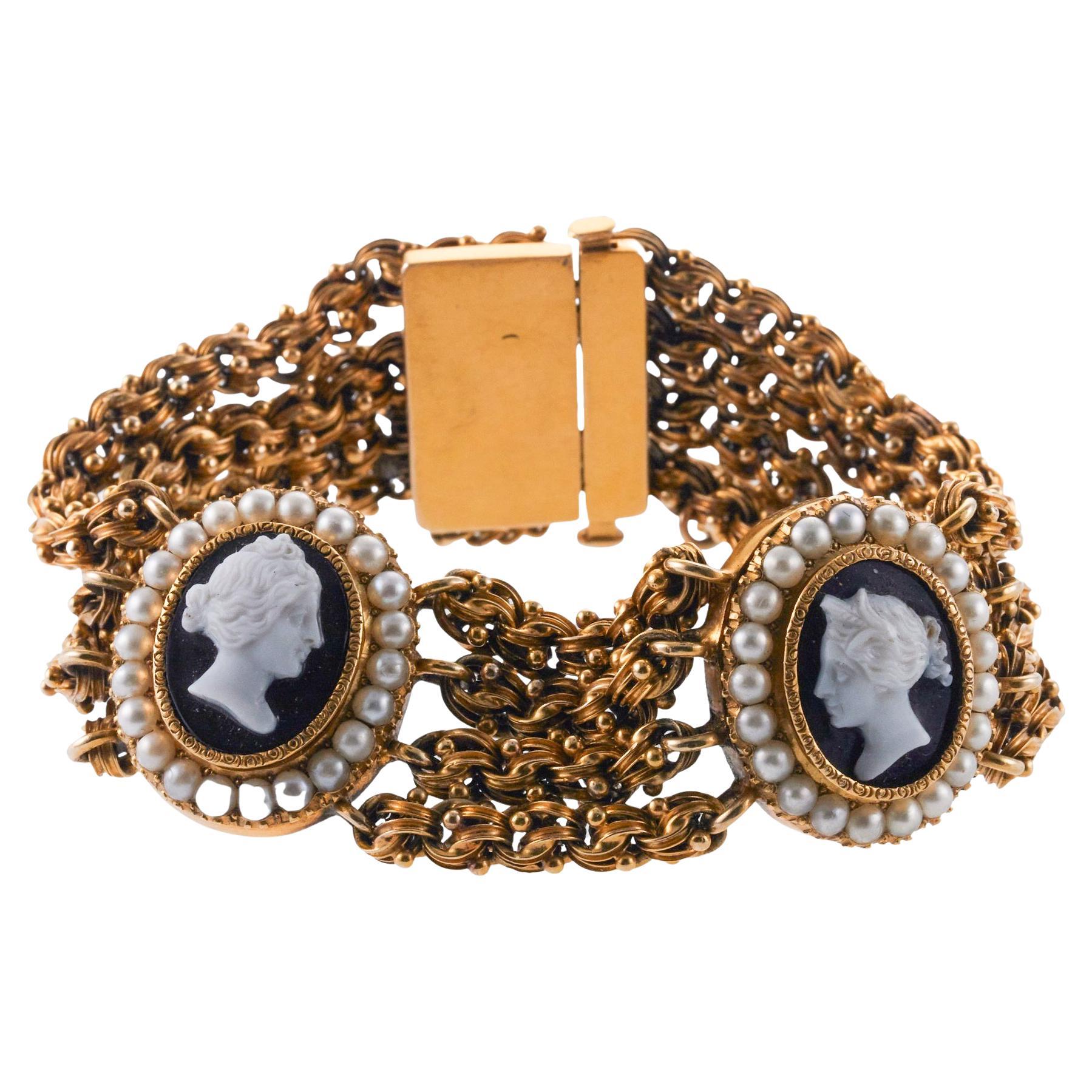 Antique Victorian Cameo Pearl Gold Multi Row Bracelet For Sale