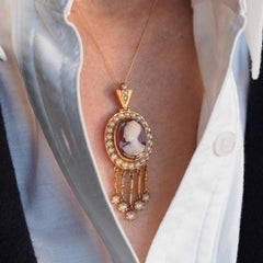 Antique Victorian Cameo Pendant Necklace with Pearls 14K Gold c.1880