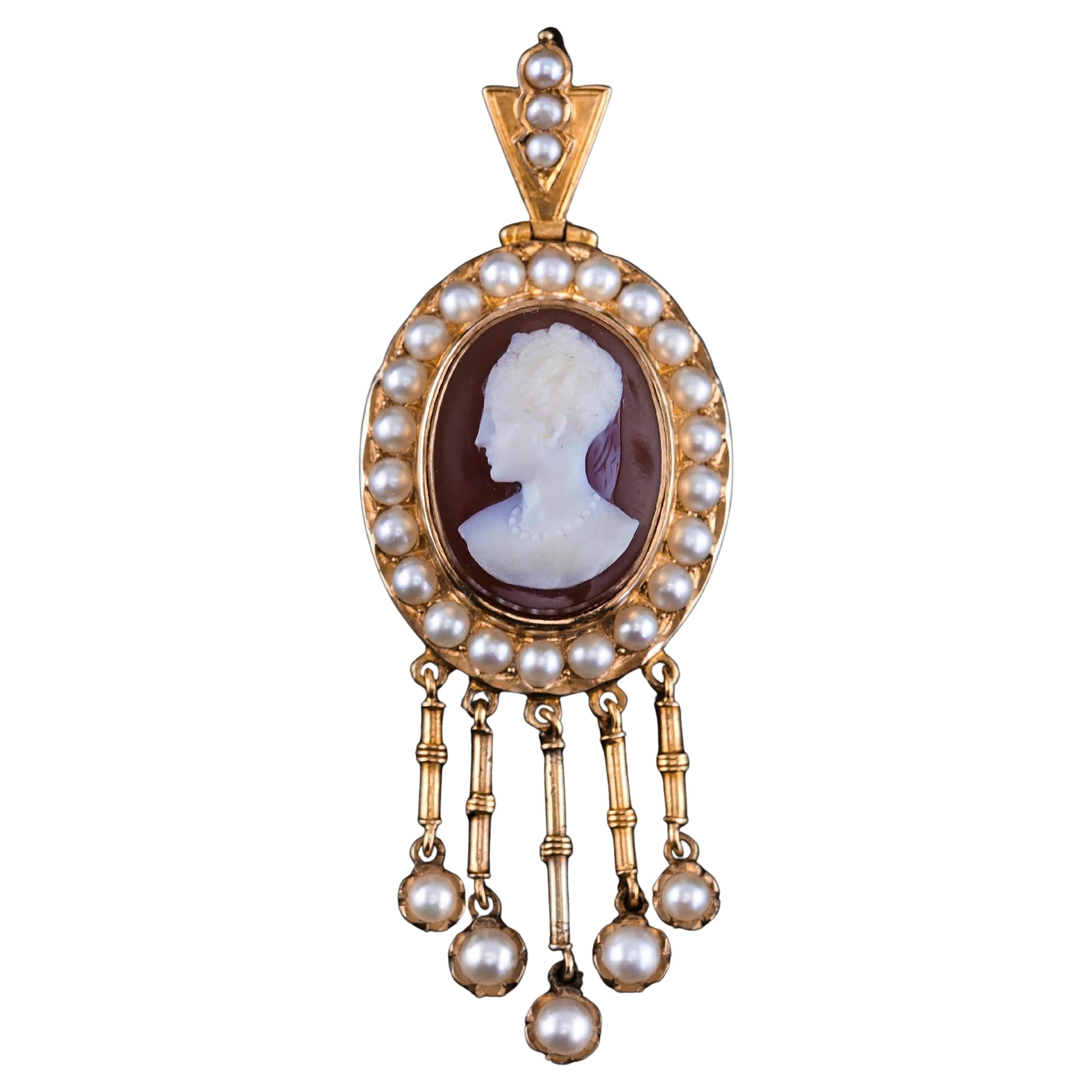 Antica collana vittoriana con ciondolo a cammeo e perle in oro 14K, 1880 ca.
