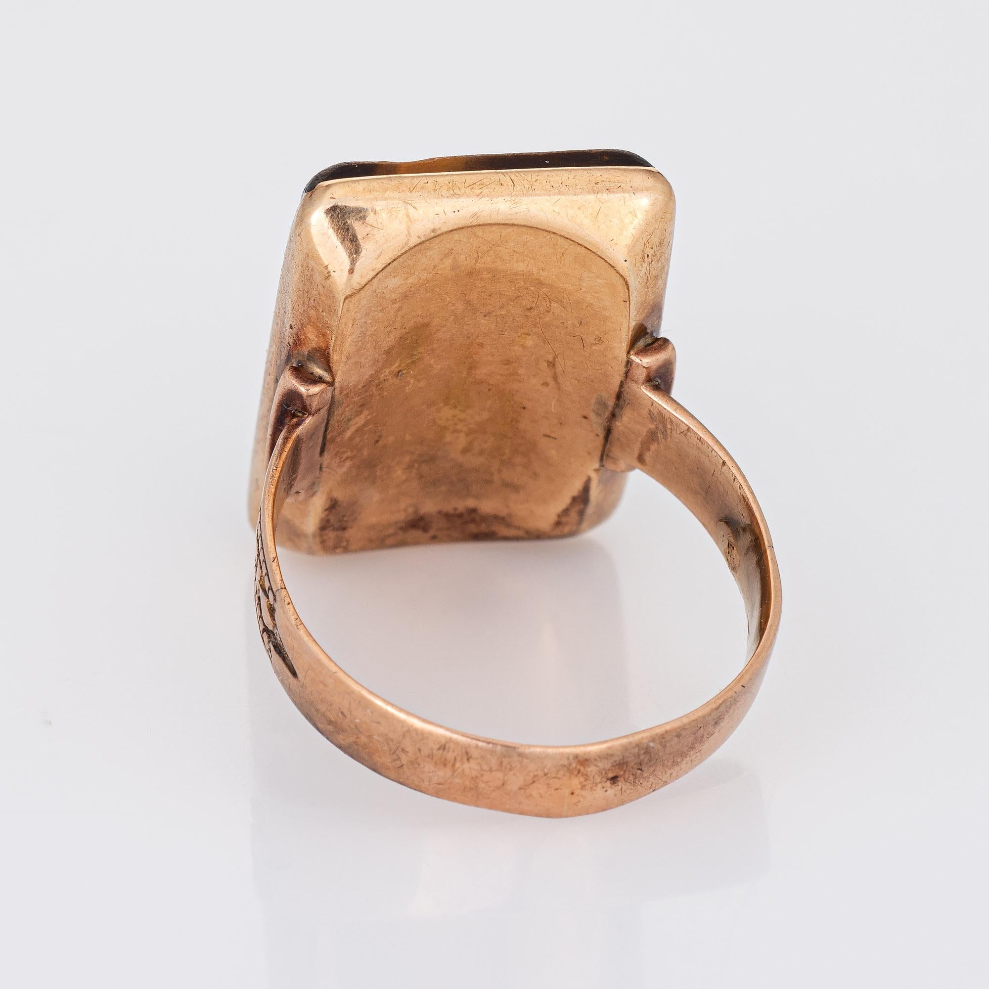 Antique Victorian Cameo Ring Tigers Eye 10k Rose Gold Square Vintage In Good Condition In Torrance, CA