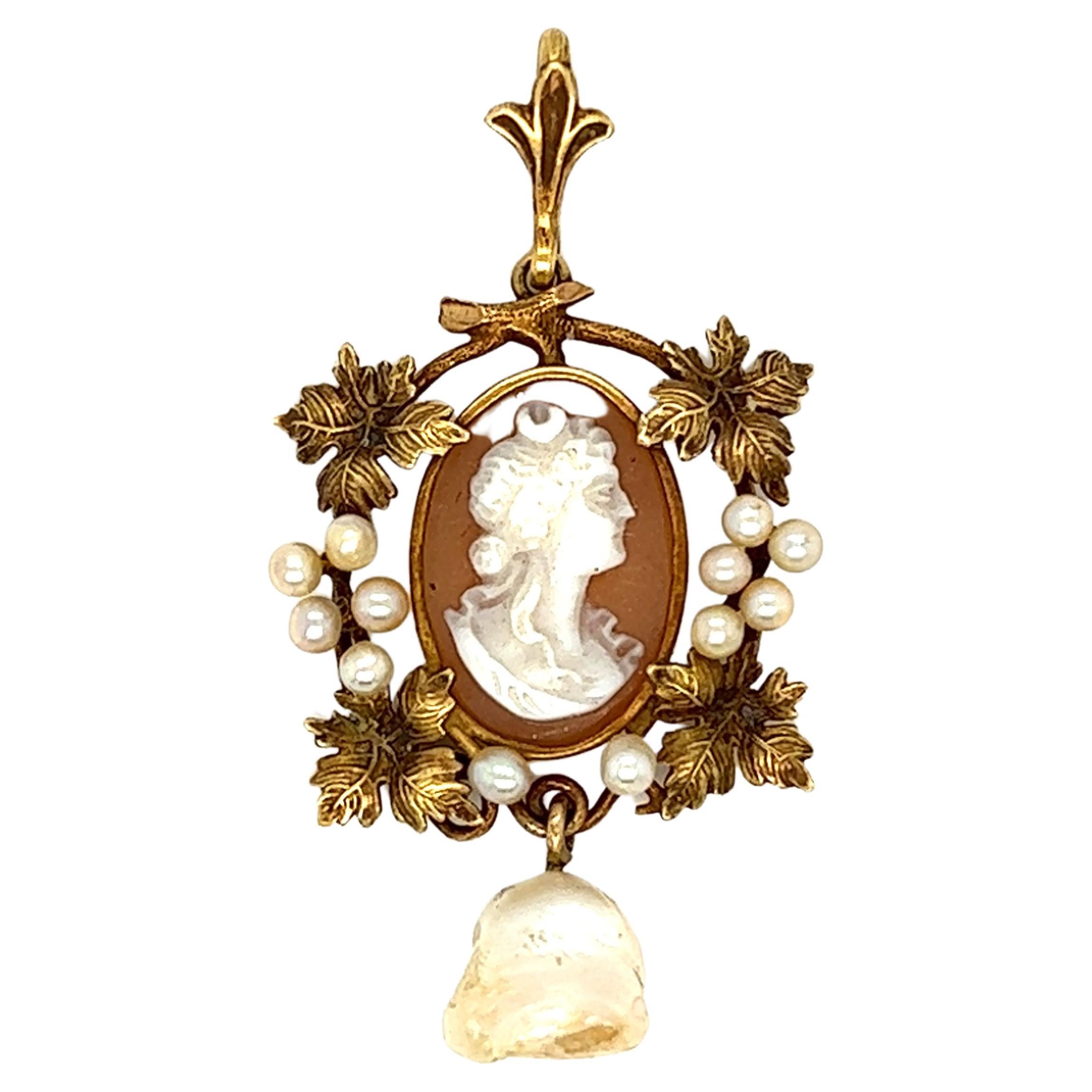 Antique Victorian Cameo Seed Pearl Pendant Lavalier 14k Gold For Sale