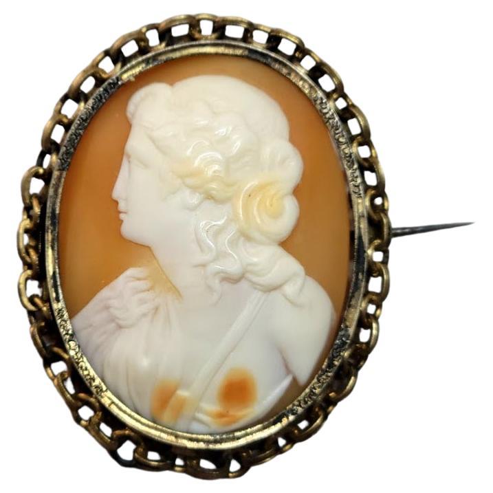 Antique Victorian Cameo Shell Brooch Greek Young Lady For Sale