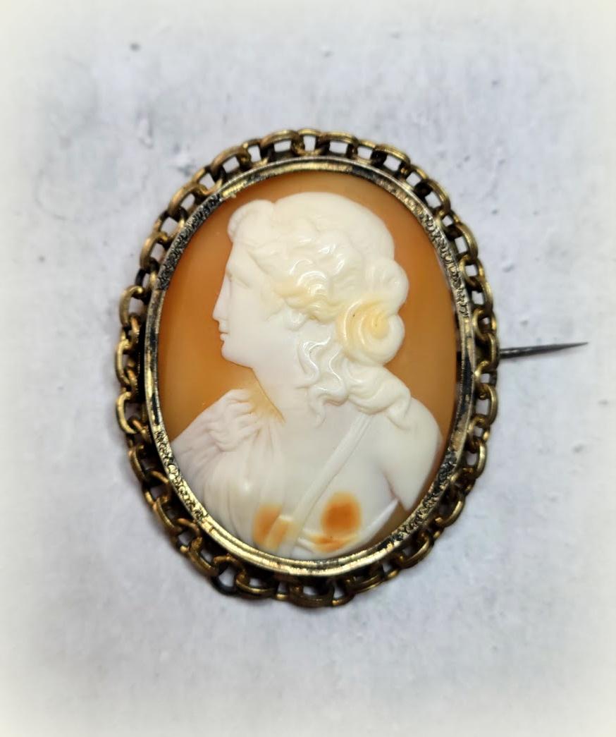 Victorian Cameo Brooch. Amazing carved Victorian brooch made around the 1830s to 1850s. It depicts a beautiful portrait of a young greek muse. The execution of the shell is amazing, and the relief helps to add details and dimension to the design.