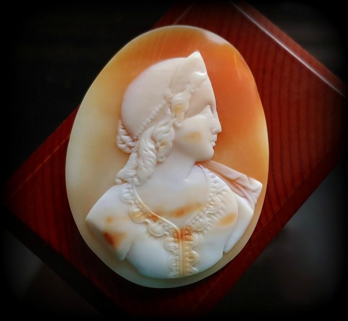  This Victorian unmounted Carnelian shell cameo depicting the right-facing profile of the Princess is very well carved in exquisite detail. The surface is as crisp as the day it was crafted, impressive for a shell cameo from the late Victorian era.