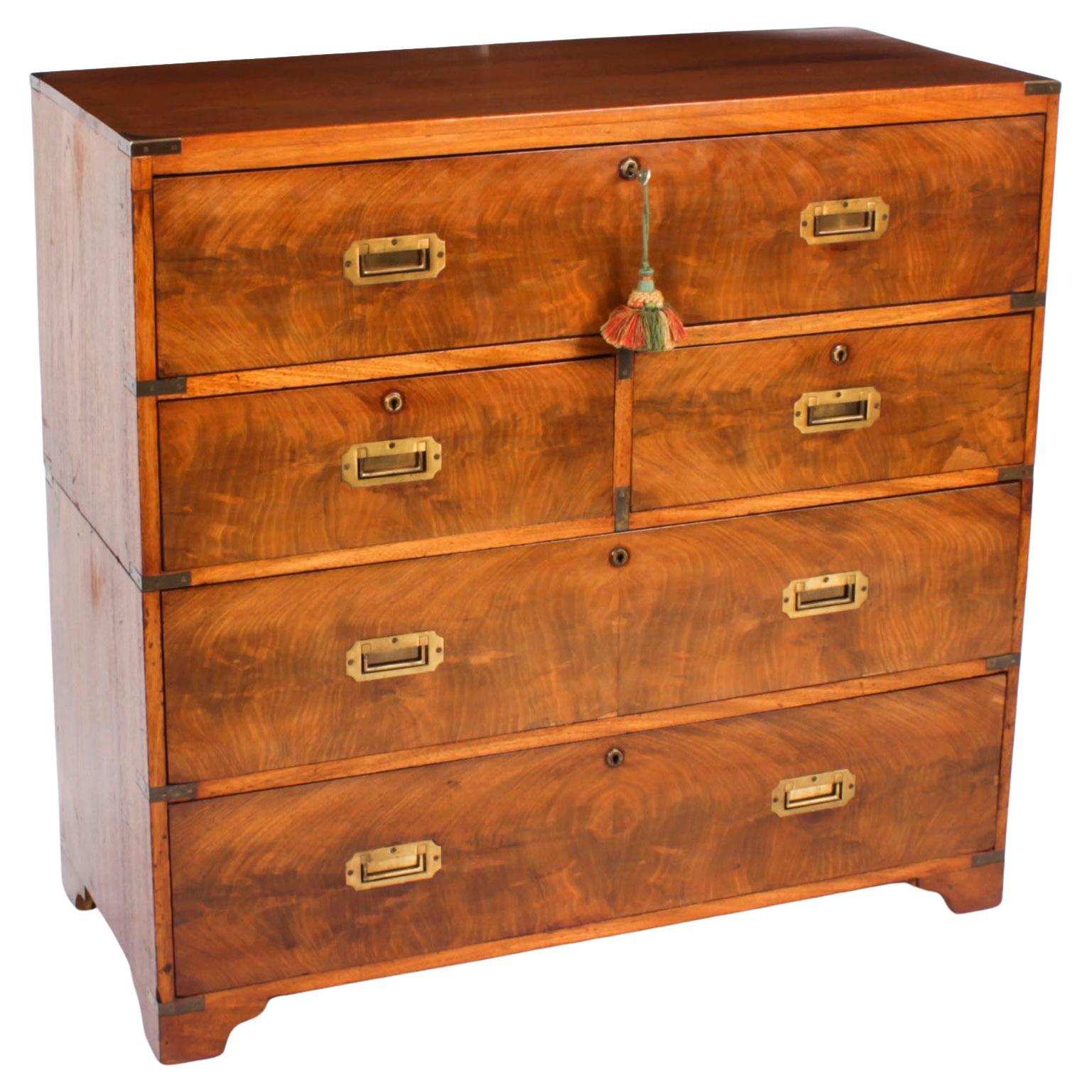Antique Victorian Campaign Era Military Secretaire Chest of Drawers C1840 For Sale