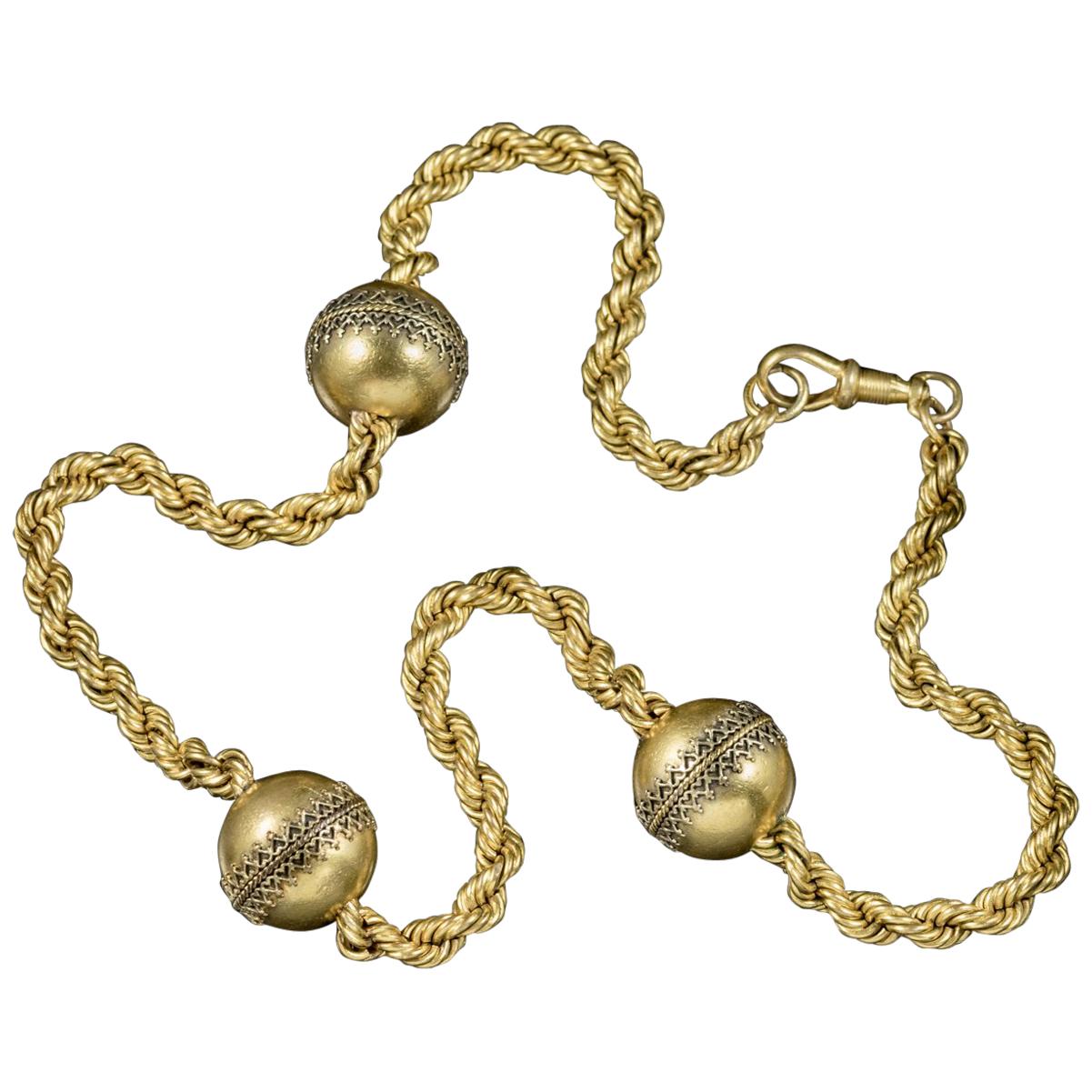 Antique Victorian Cannetille Ball Necklace 18ct Gilded Gold Chain, circa 1860