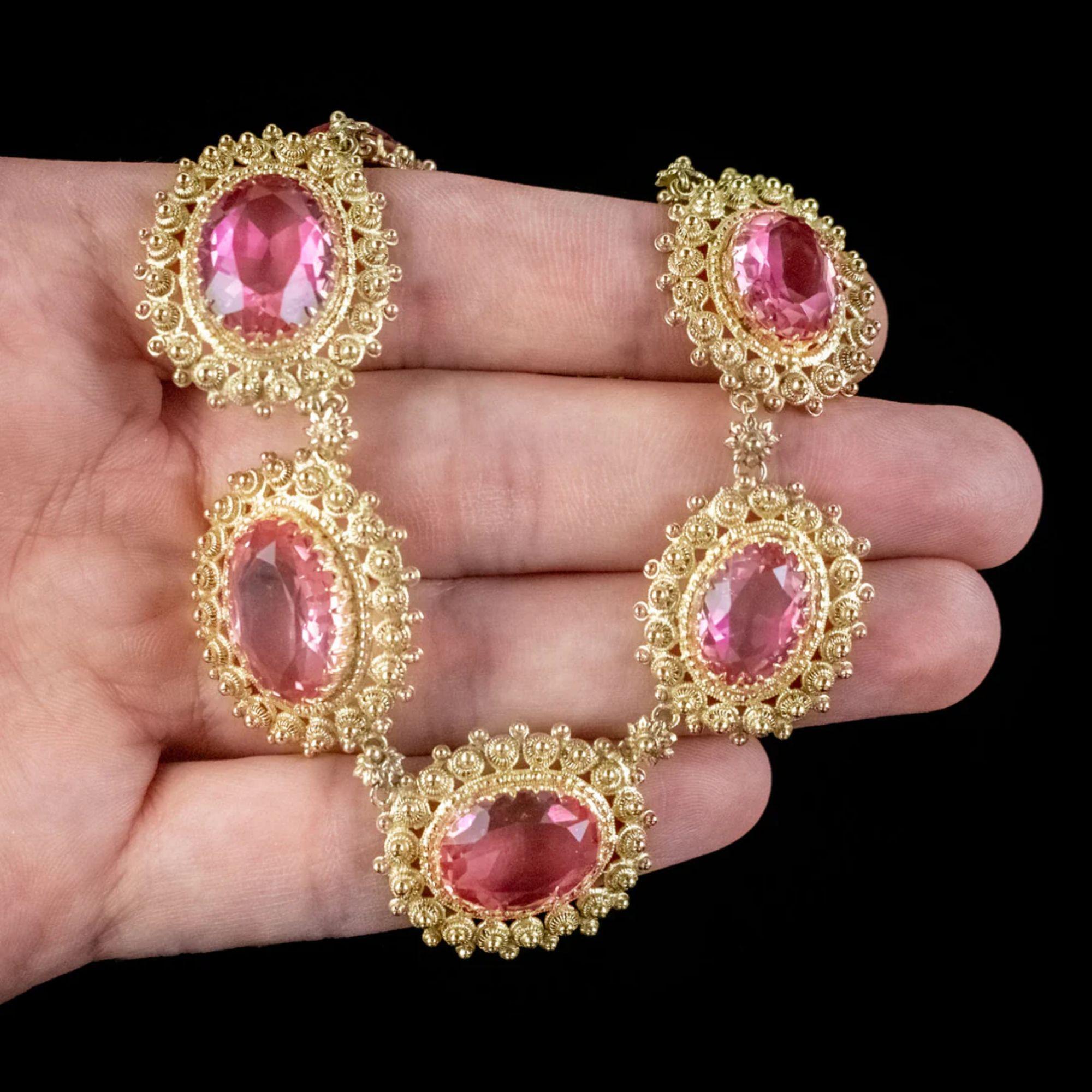 Antique Victorian Cannetille Pink Paste Collar Necklace, circa 1860 For Sale 1