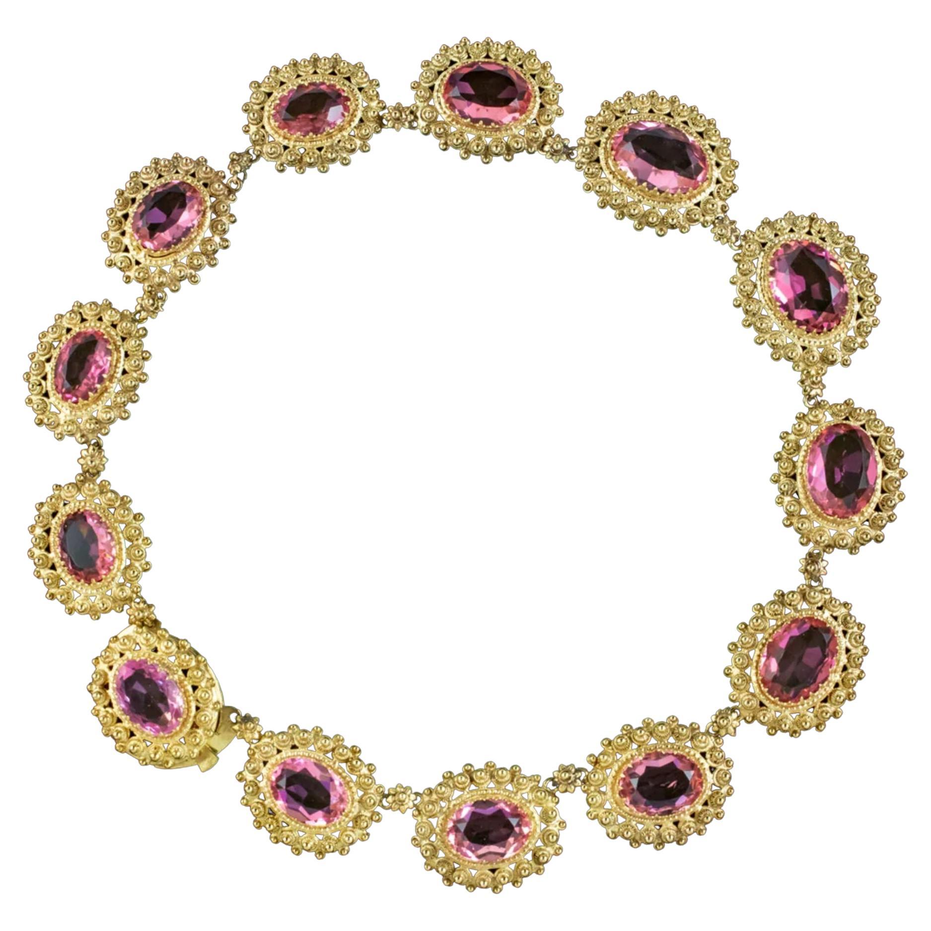 Antique Victorian Cannetille Pink Paste Collar Necklace, circa 1860 For Sale