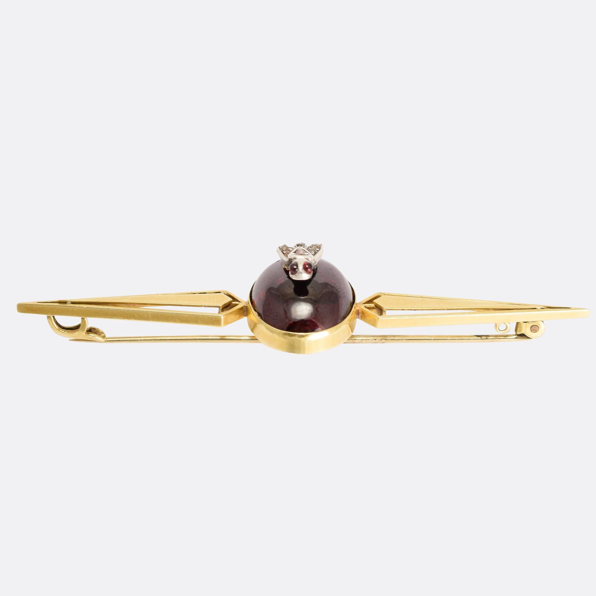 Late Victorian Antique Victorian Carbuncle Garnet Diamond Fly Brooch