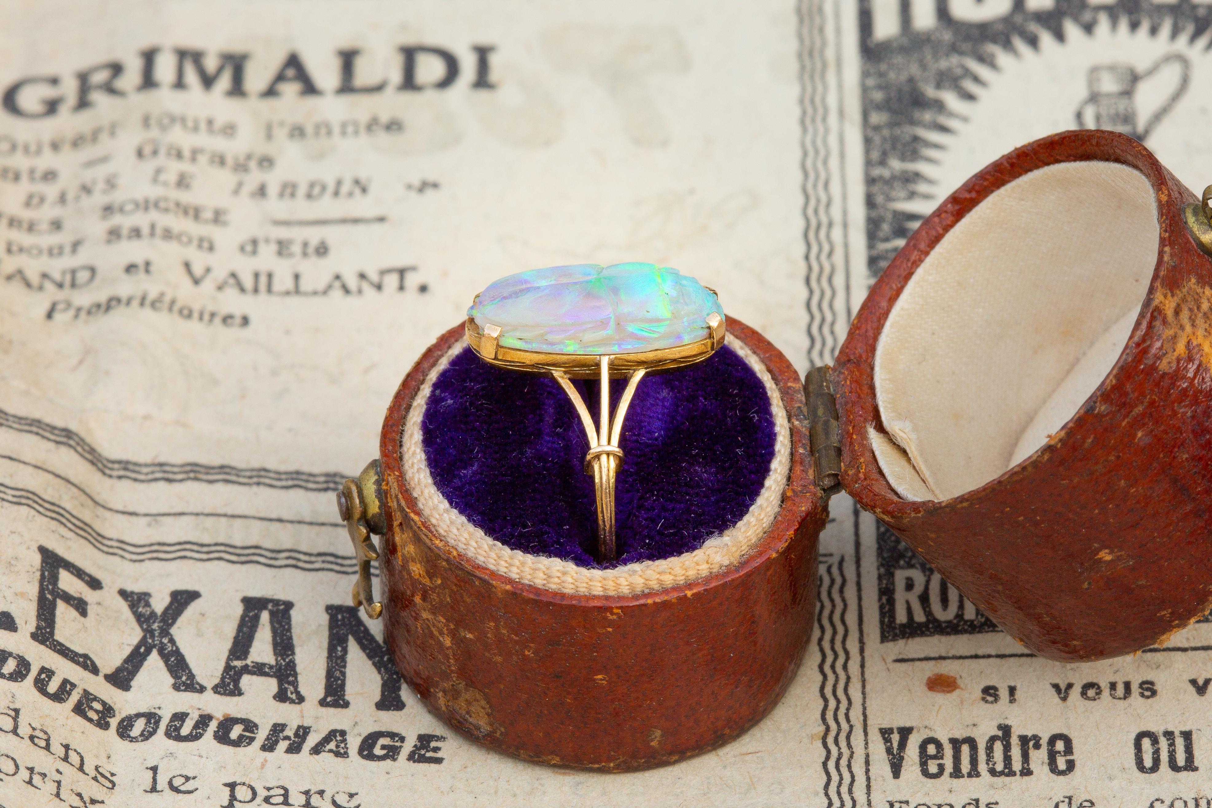 Antique Victorian Carved 2ct Opal Scarab Ring 18k Gold Egyptian Revival 4
