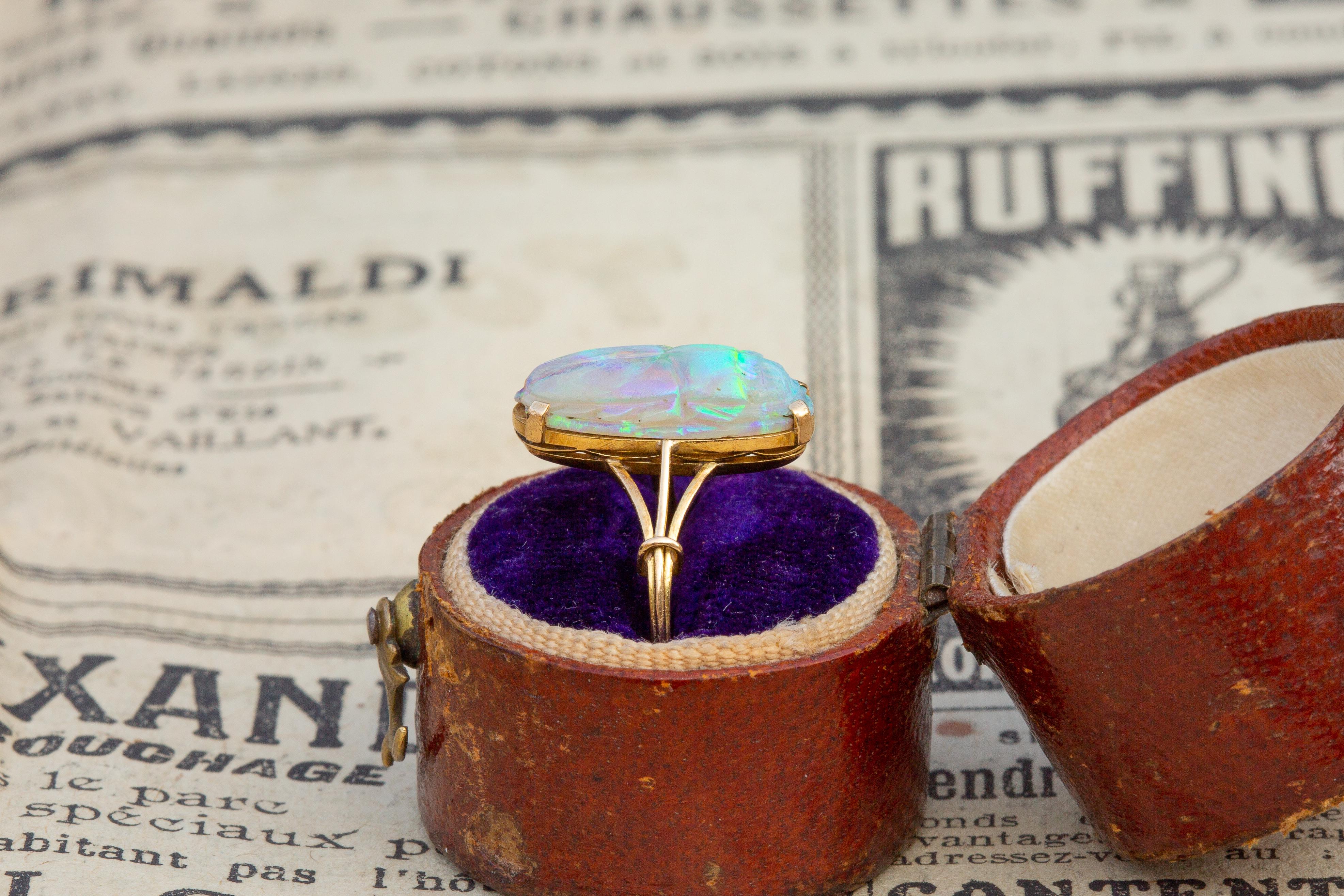 Antique Victorian Carved 2ct Opal Scarab Ring 18k Gold Egyptian Revival 5