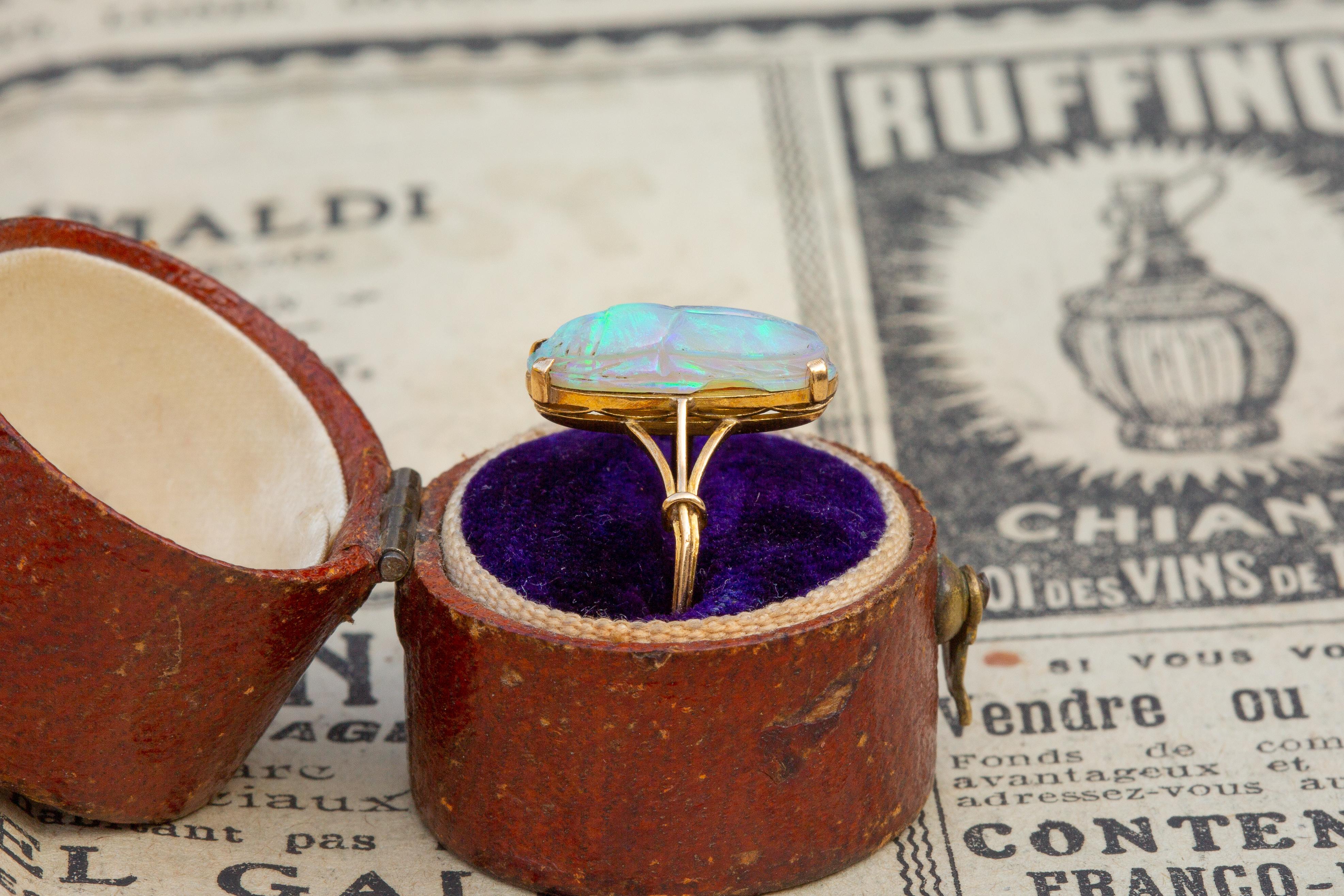 Antique Victorian Carved 2ct Opal Scarab Ring 18k Gold Egyptian Revival 6
