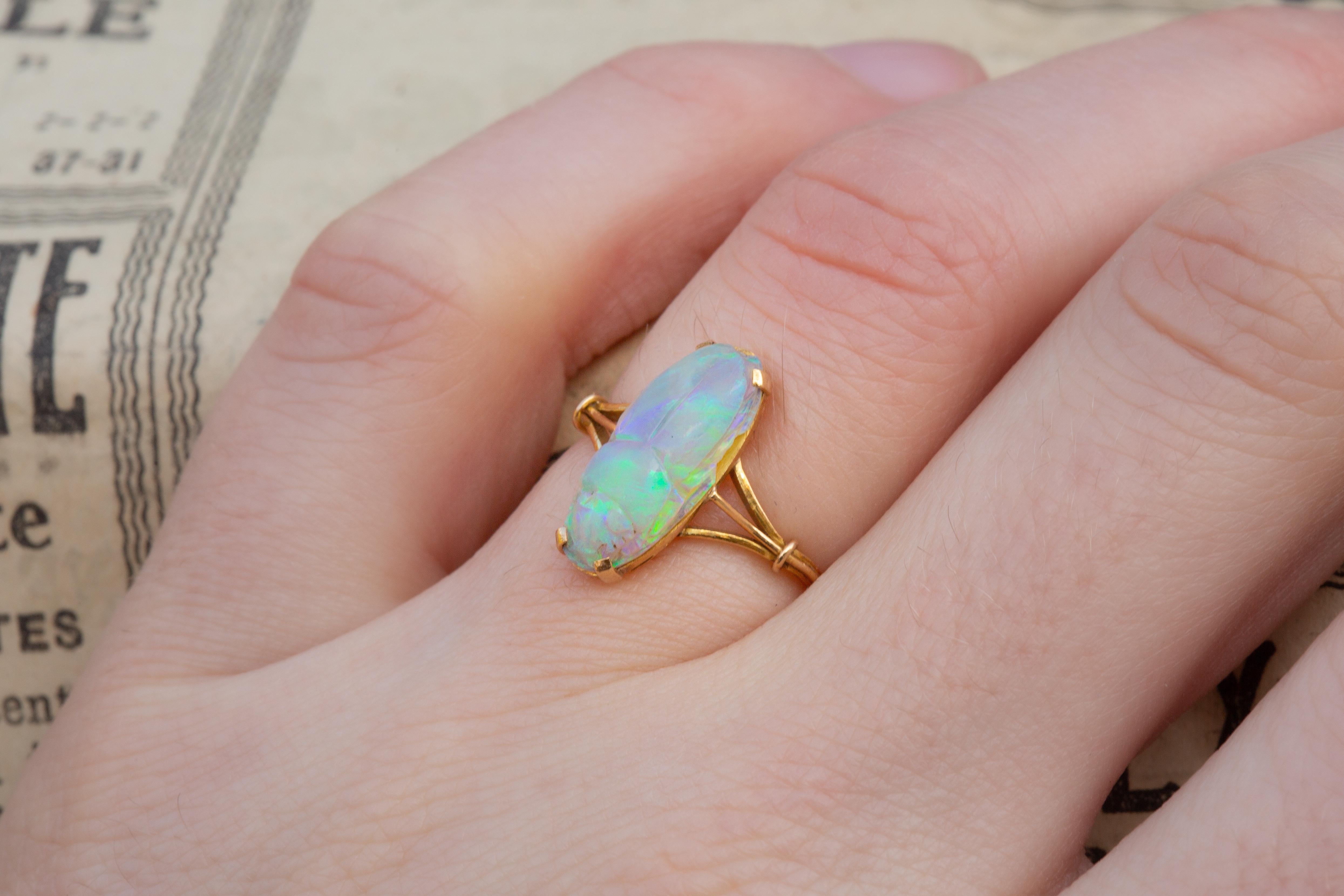 Antique Victorian Carved 2ct Opal Scarab Ring 18k Gold Egyptian Revival 7