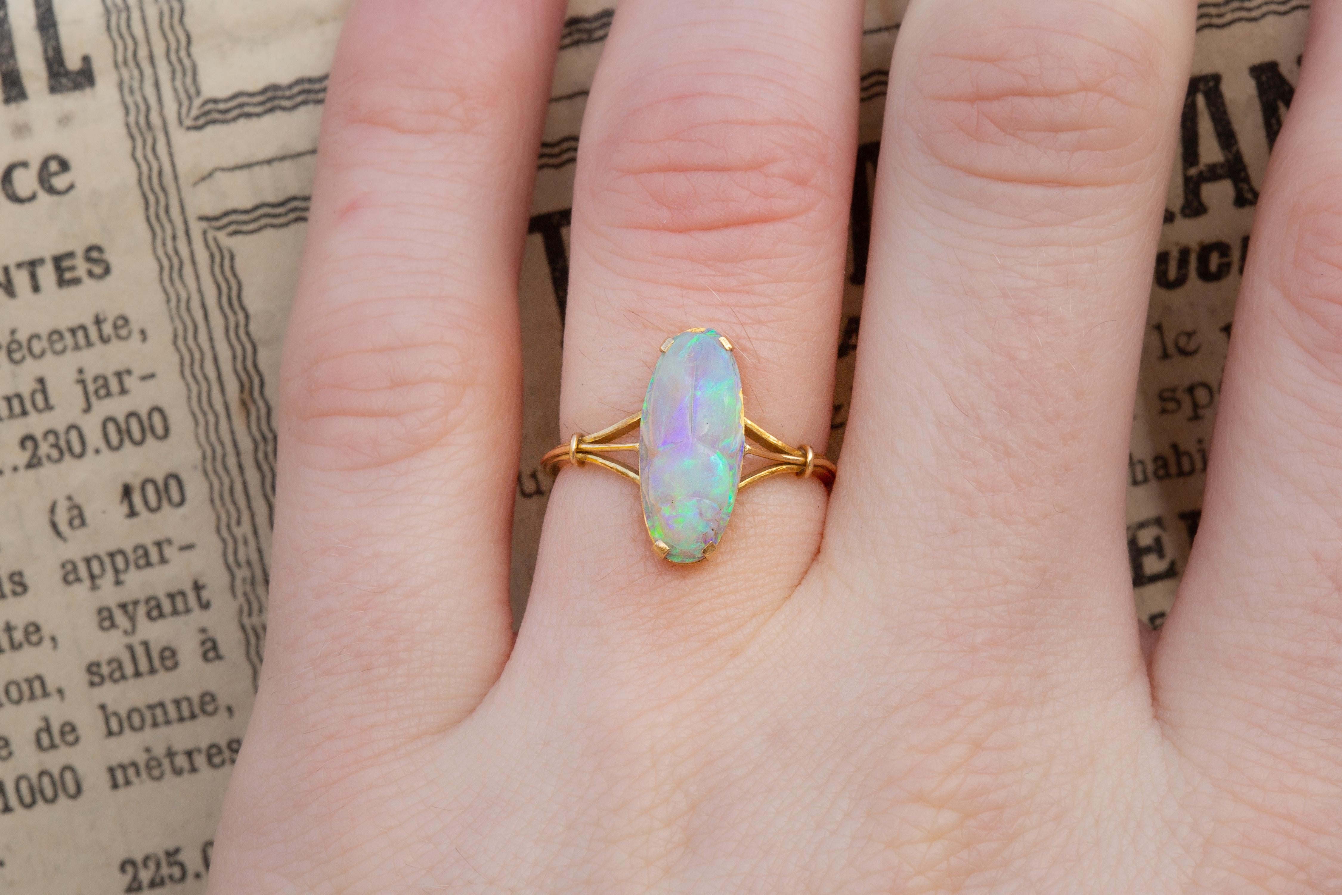 Antique Victorian Carved 2ct Opal Scarab Ring 18k Gold Egyptian Revival 8
