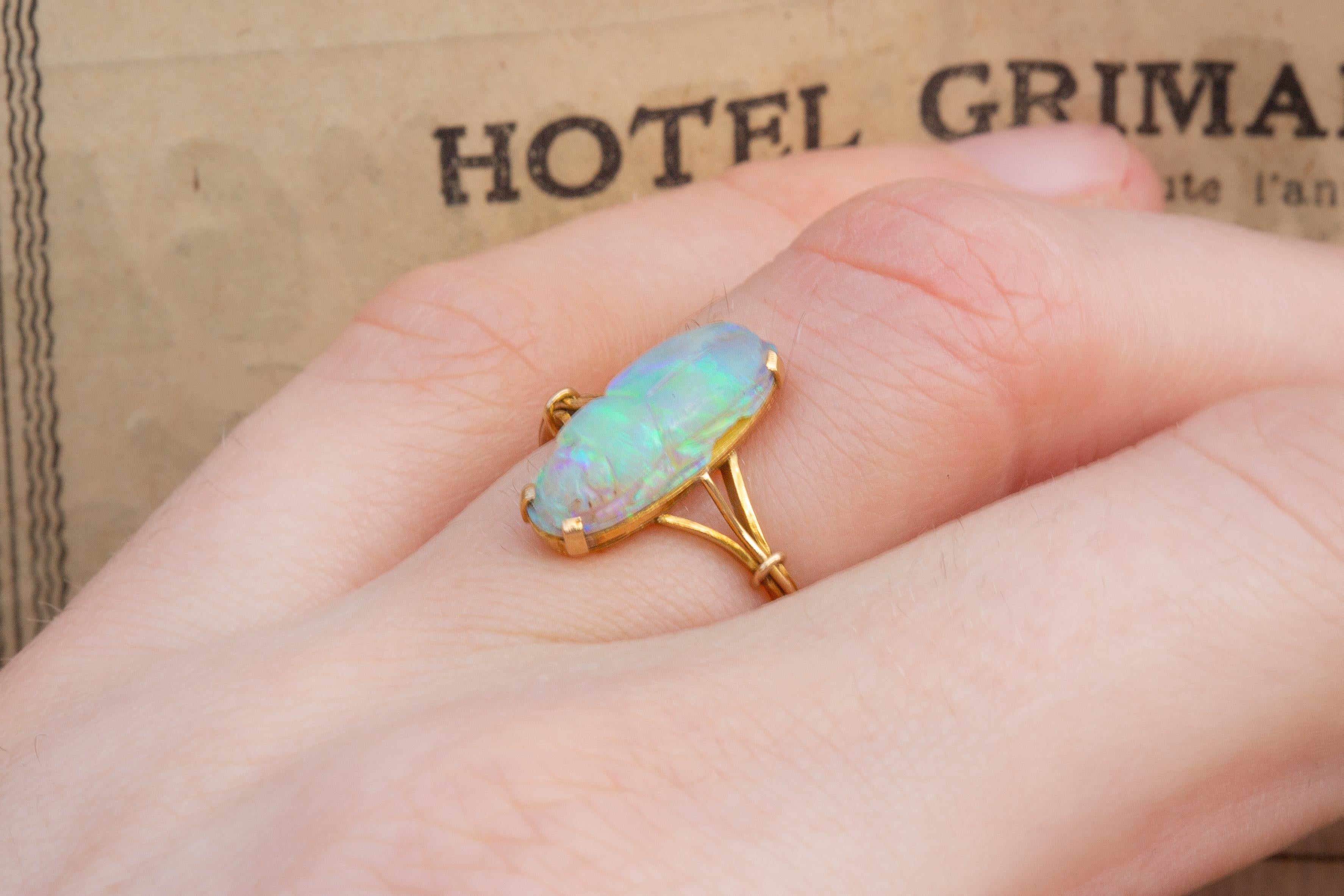 Antique Victorian Carved 2ct Opal Scarab Ring 18k Gold Egyptian Revival 9