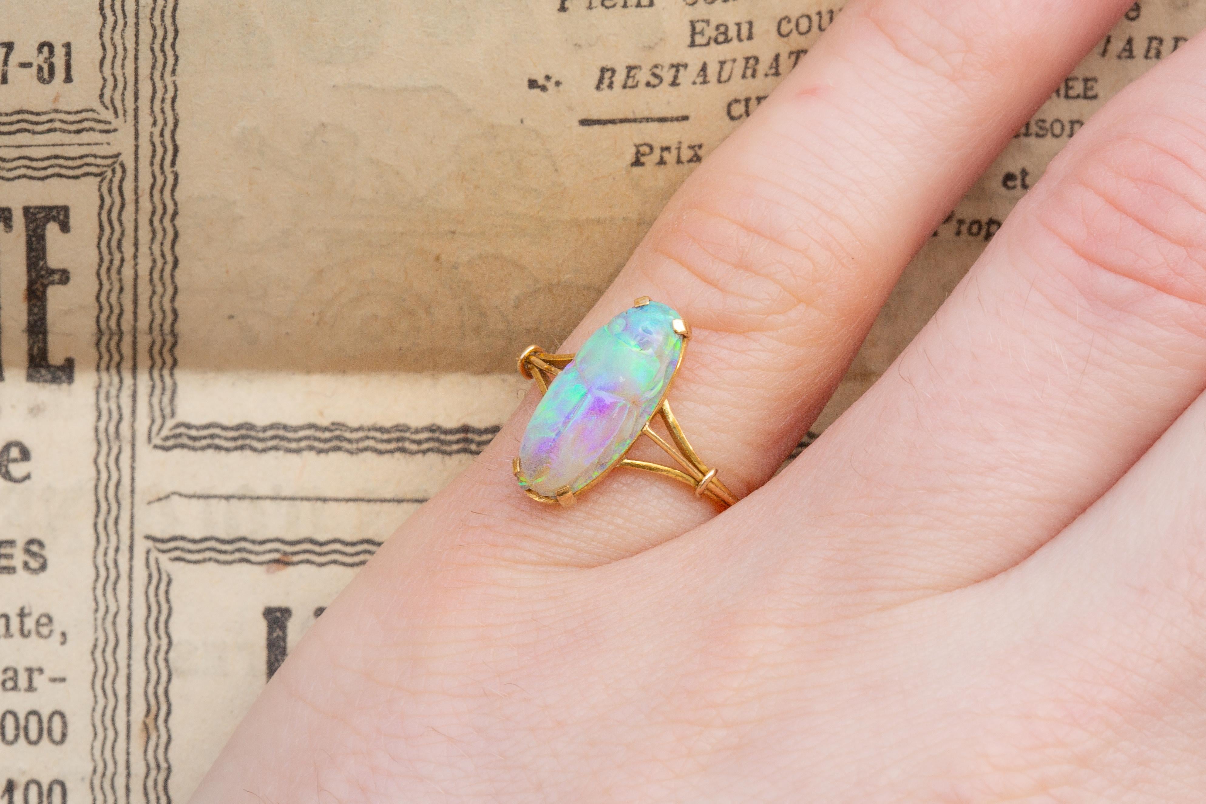 Antique Victorian Carved 2ct Opal Scarab Ring 18k Gold Egyptian Revival 10