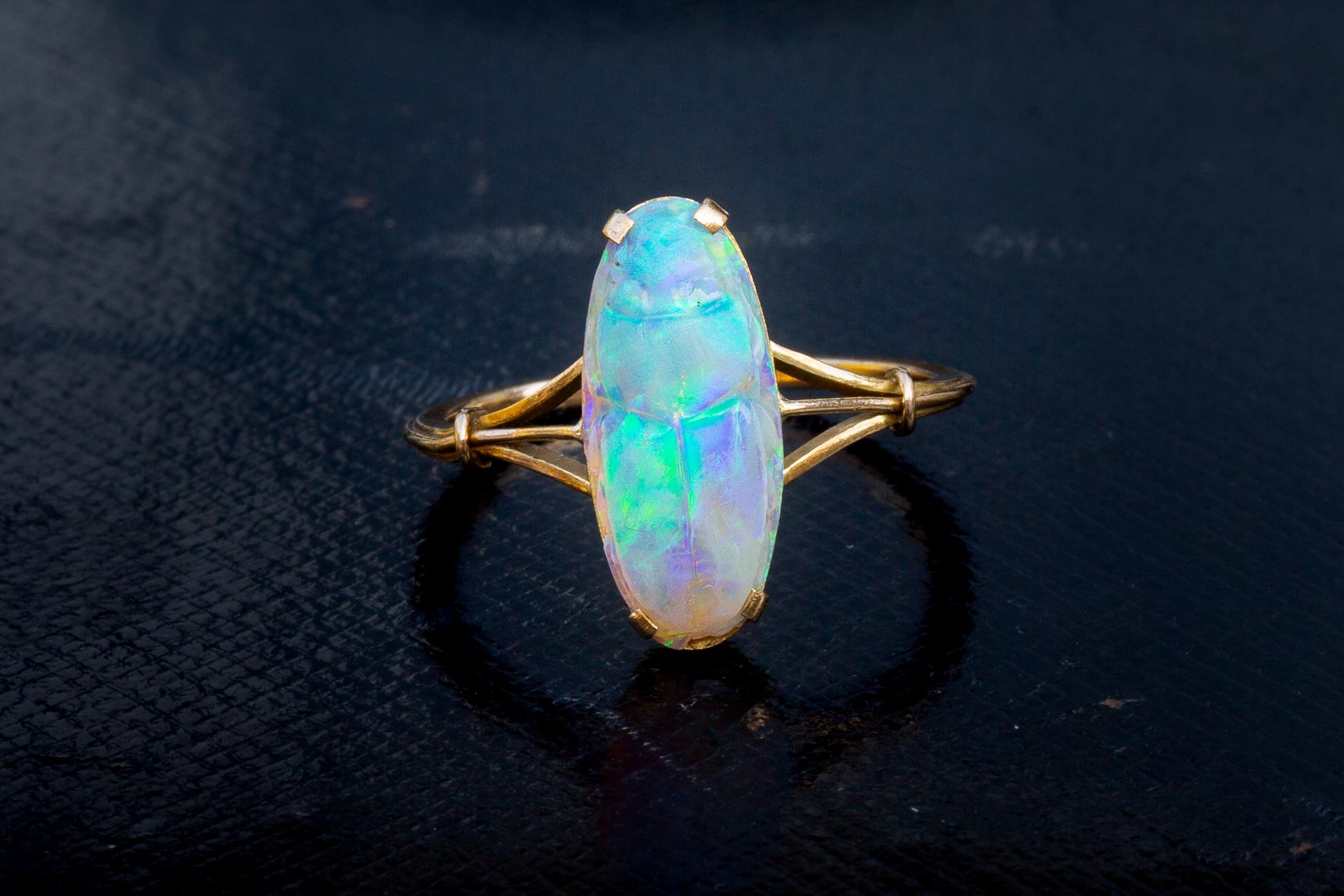 Antique Victorian Carved 2ct Opal Scarab Ring 18k Gold Egyptian Revival 11