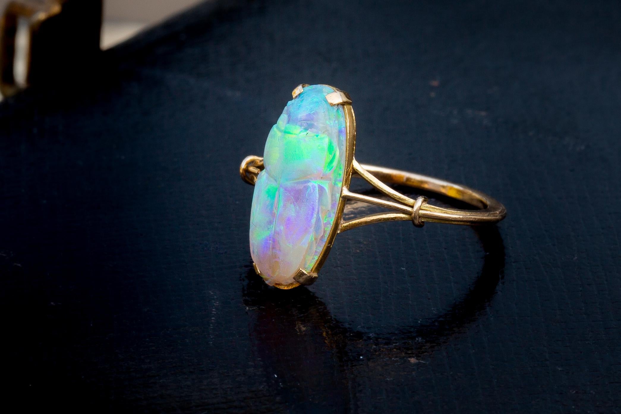 Antique Victorian Carved 2ct Opal Scarab Ring 18k Gold Egyptian Revival 12