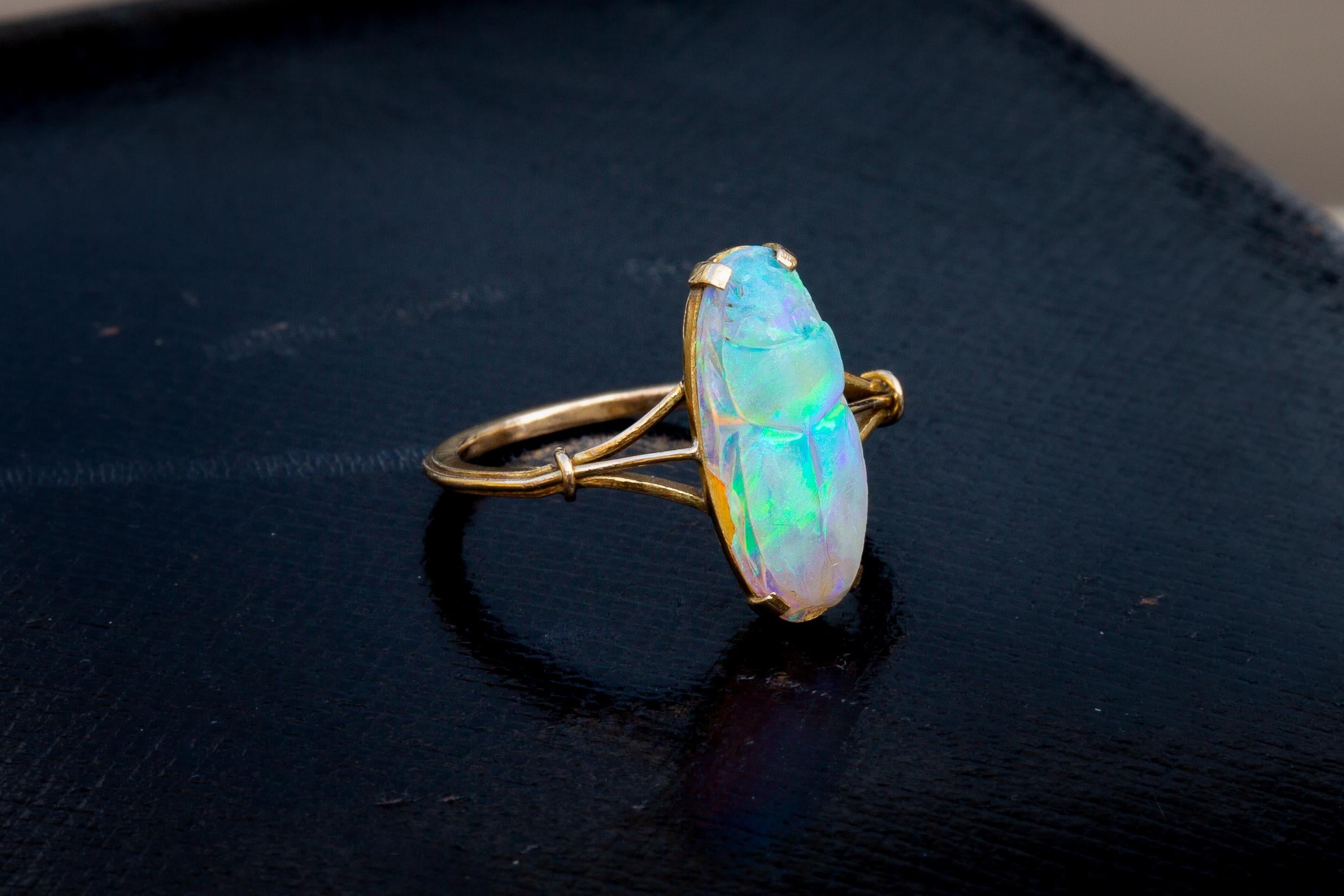 Antique Victorian Carved 2ct Opal Scarab Ring 18k Gold Egyptian Revival 13