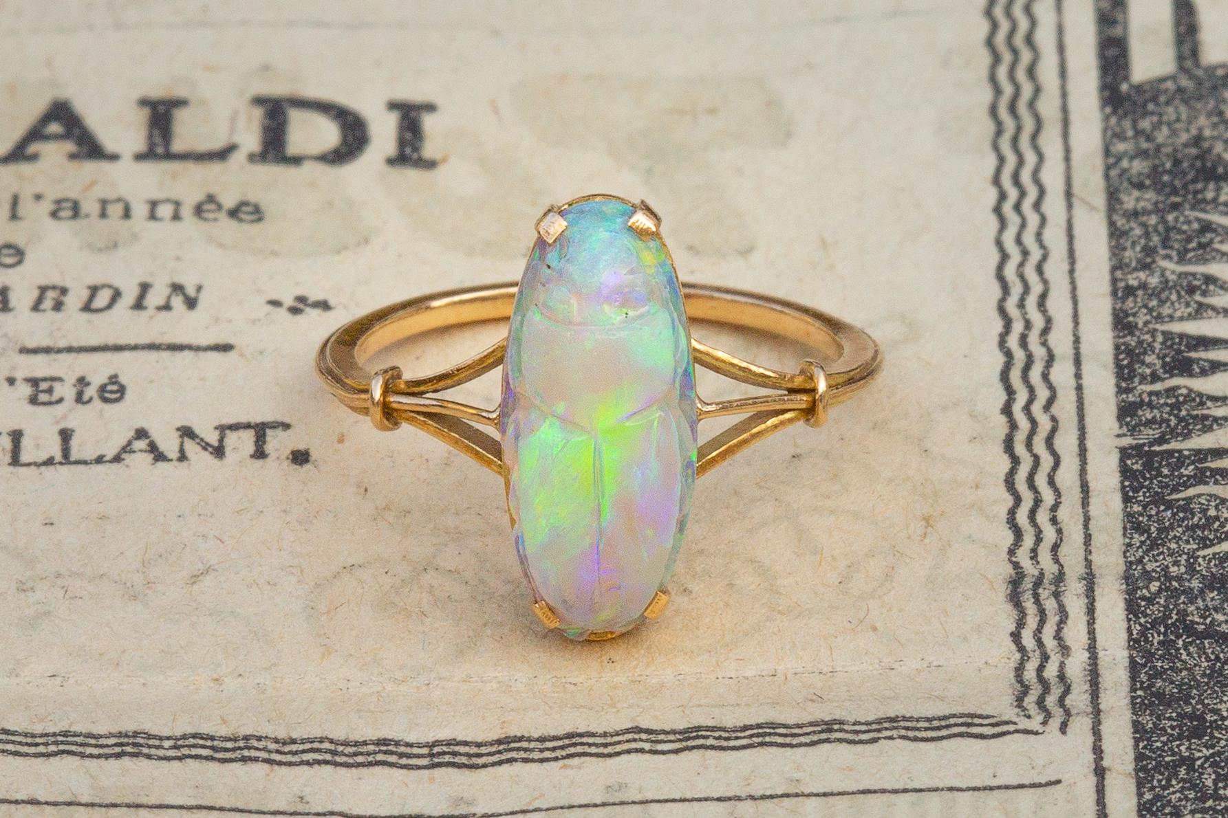 Late Victorian Antique Victorian Carved 2ct Opal Scarab Ring 18k Gold Egyptian Revival