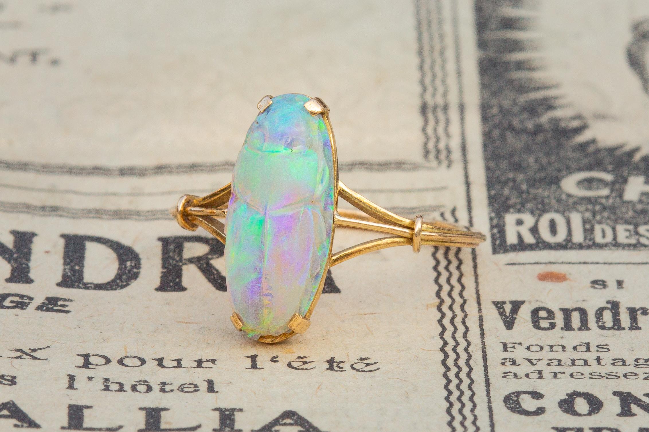 Cabochon Antique Victorian Carved 2ct Opal Scarab Ring 18k Gold Egyptian Revival