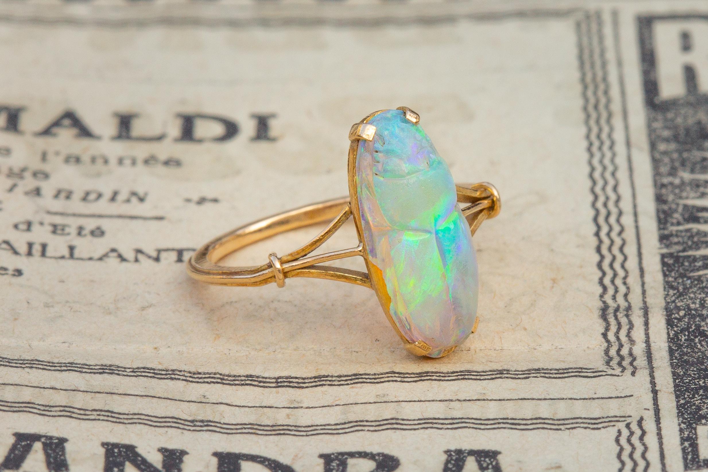 Antique Victorian Carved 2ct Opal Scarab Ring 18k Gold Egyptian Revival In Good Condition In London, GB