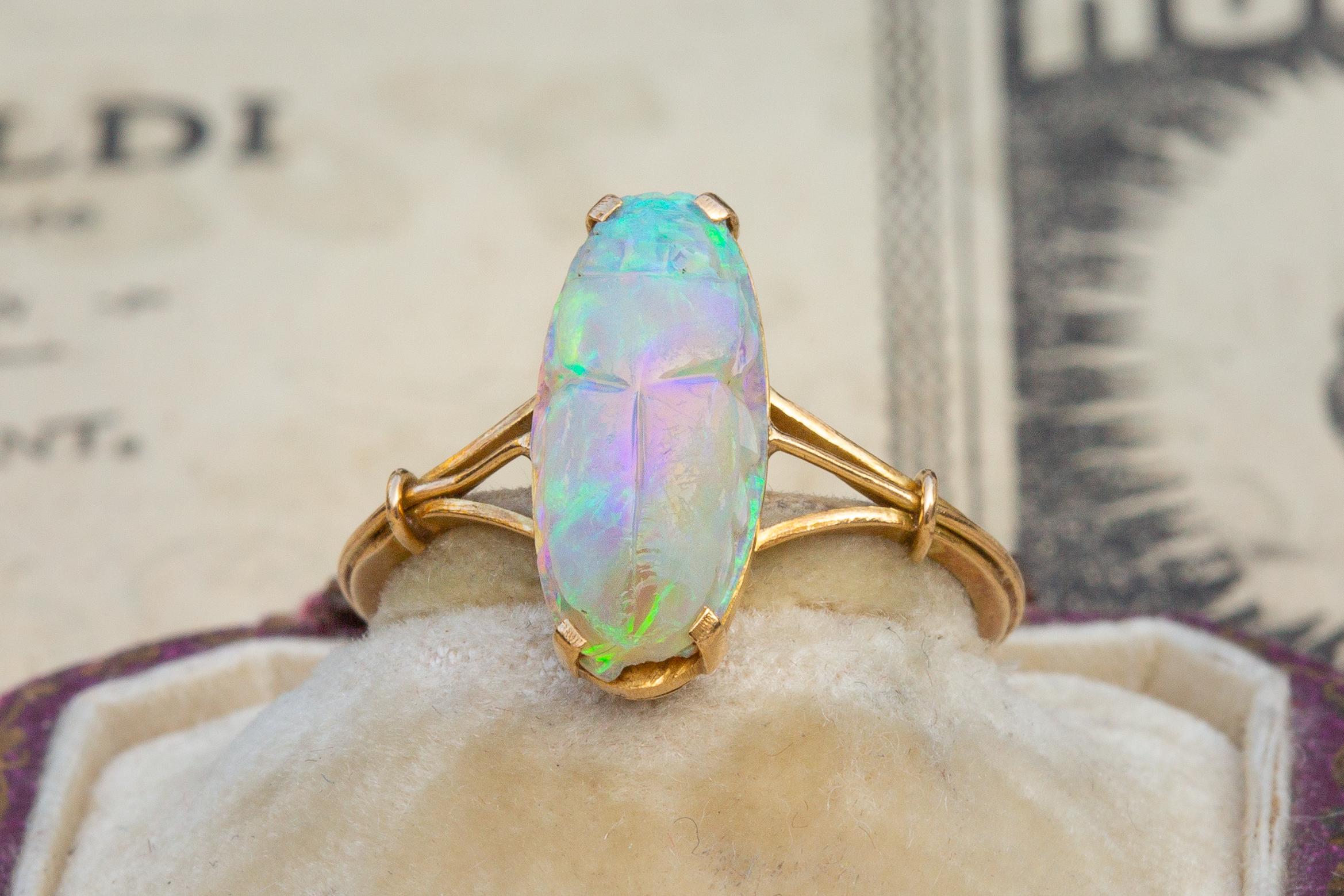 Antique Victorian Carved 2ct Opal Scarab Ring 18k Gold Egyptian Revival 2