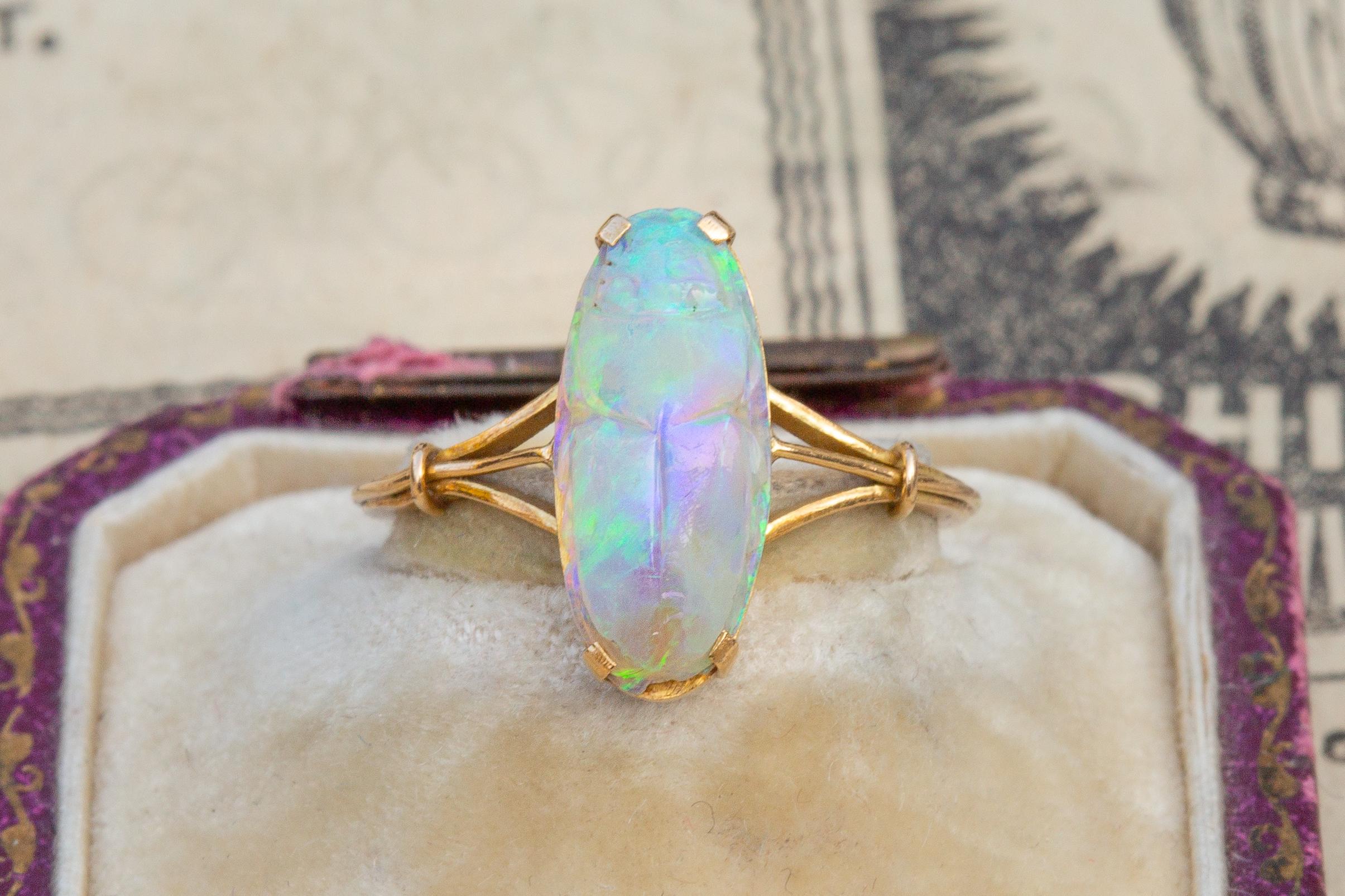 Antique Victorian Carved 2ct Opal Scarab Ring 18k Gold Egyptian Revival 3