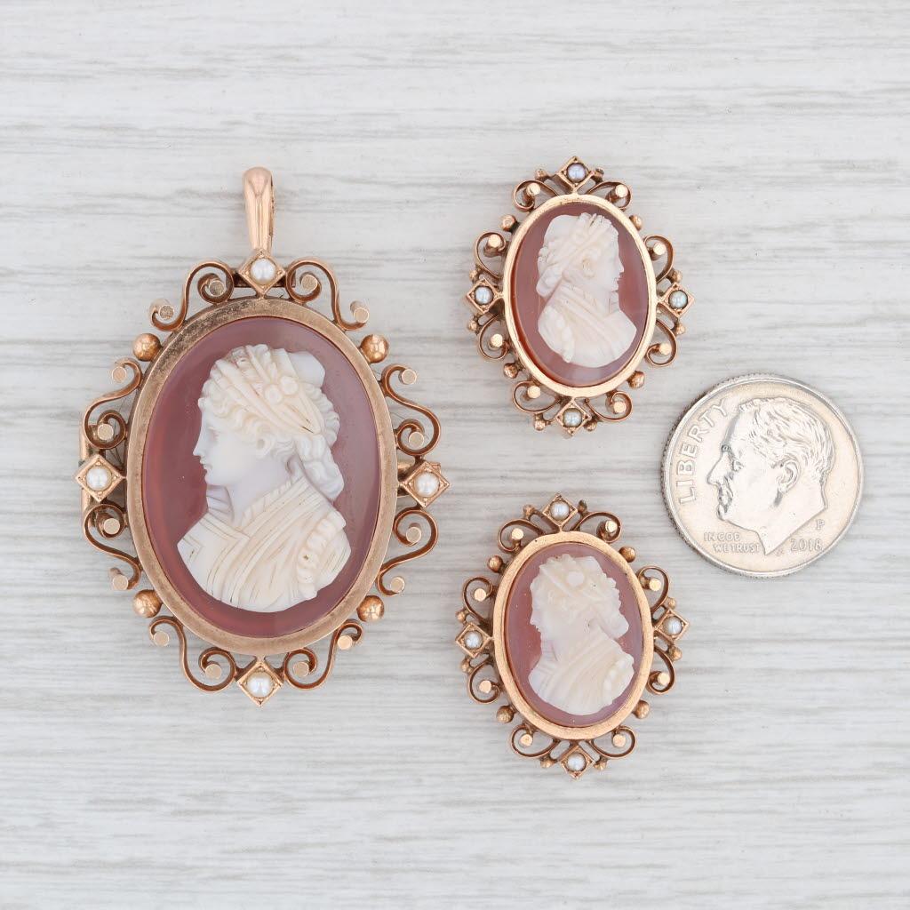 Antique Victorian Carved Agate Cameos 3 Pins Pendant 12k Gold Pearls Hair For Sale 5
