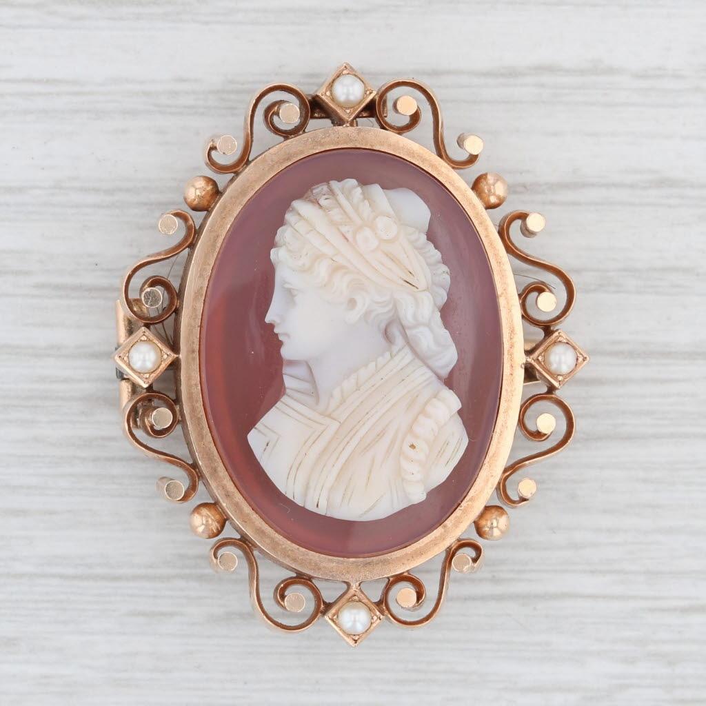 Oval Cut Antique Victorian Carved Agate Cameos 3 Pins Pendant 12k Gold Pearls Hair For Sale