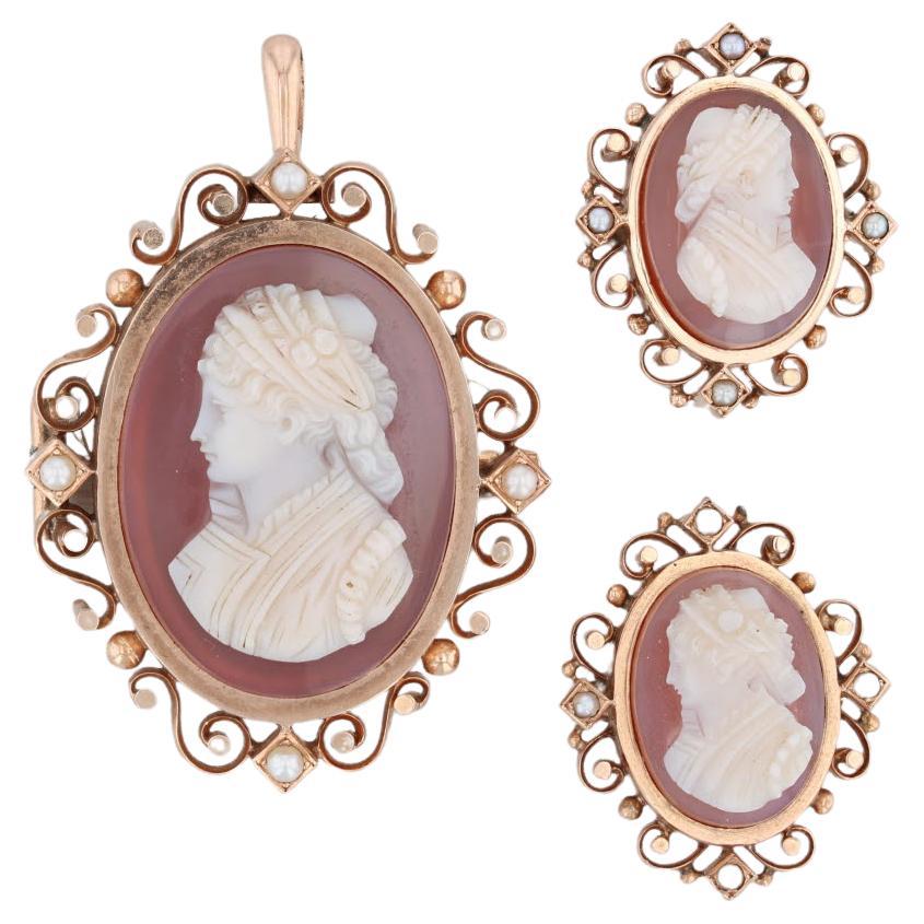 Antique Victorian Carved Agate Cameos 3 Pins Pendant 12k Gold Pearls Hair For Sale