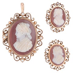 Antique Victorian Carved Agate Cameos 3 Pins Pendant 12k Gold Pearls Hair