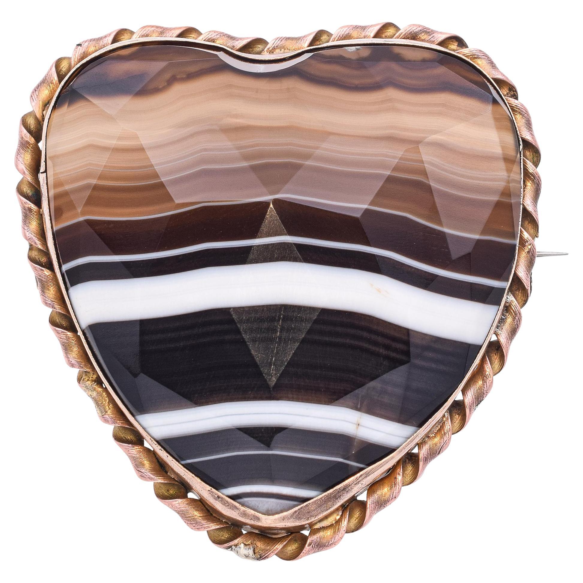 Antique Victorian Carved Agate Heart Brooch Pin