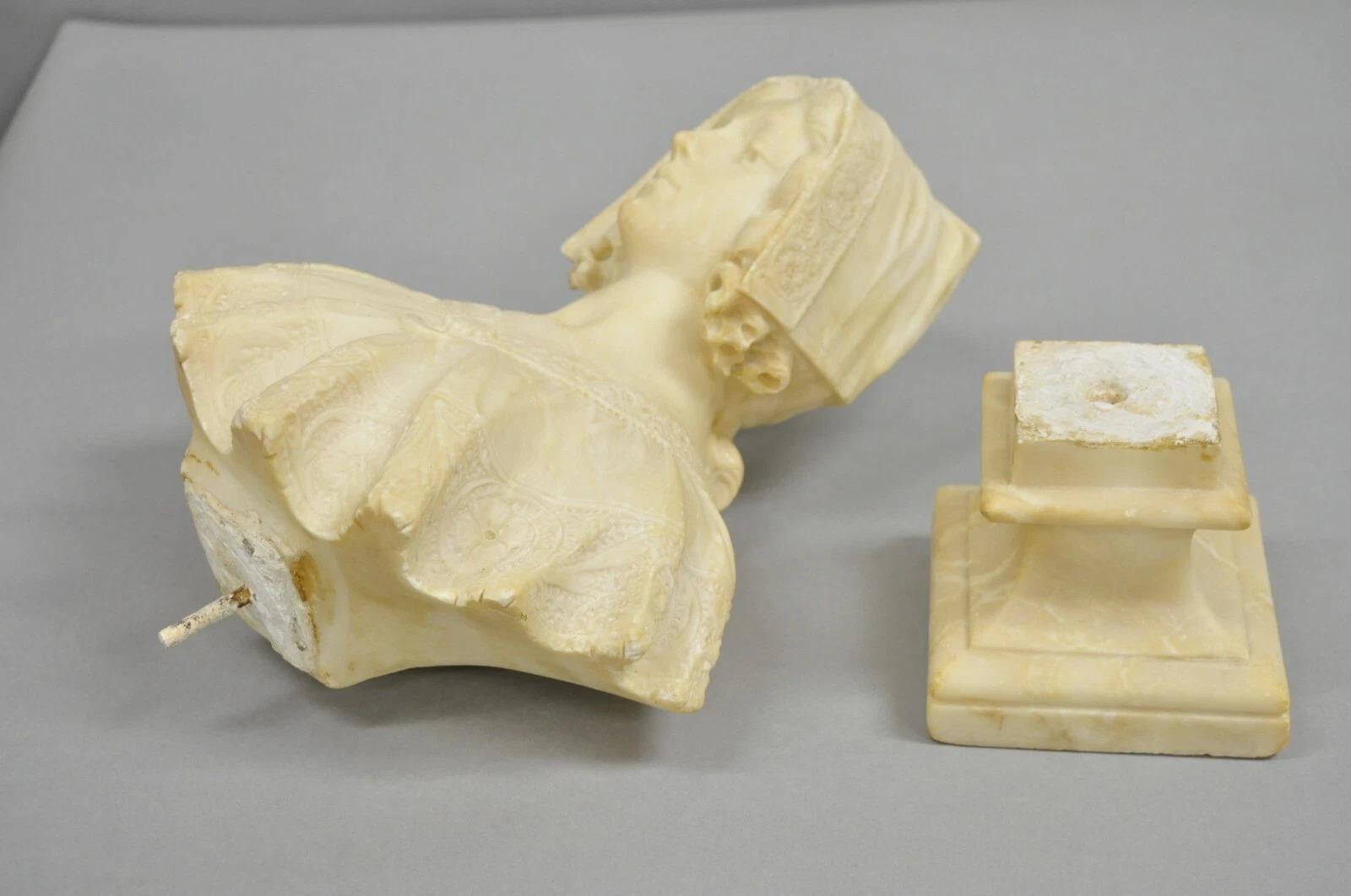 Antique Victorian Carved Alabaster Marble Figural Young Woman Maiden Bust Statue For Sale 5