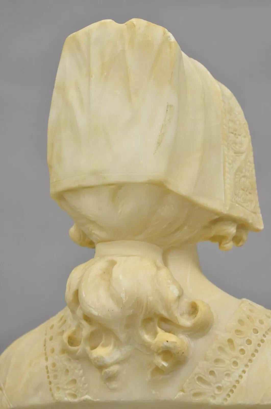 Antique Victorian Carved Alabaster Marble Figural Young Woman Maiden Bust Statue For Sale 6