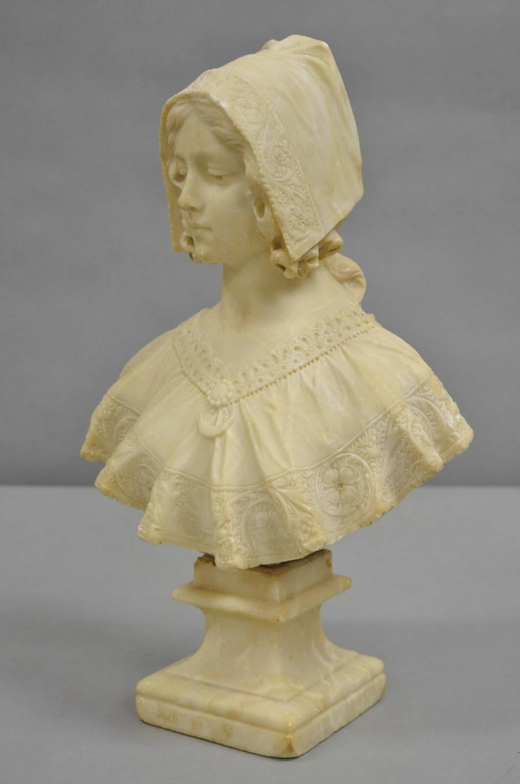 Antique Victorian Carved Alabaster Marble Figural Young Woman Maiden Bust Statue For Sale 7