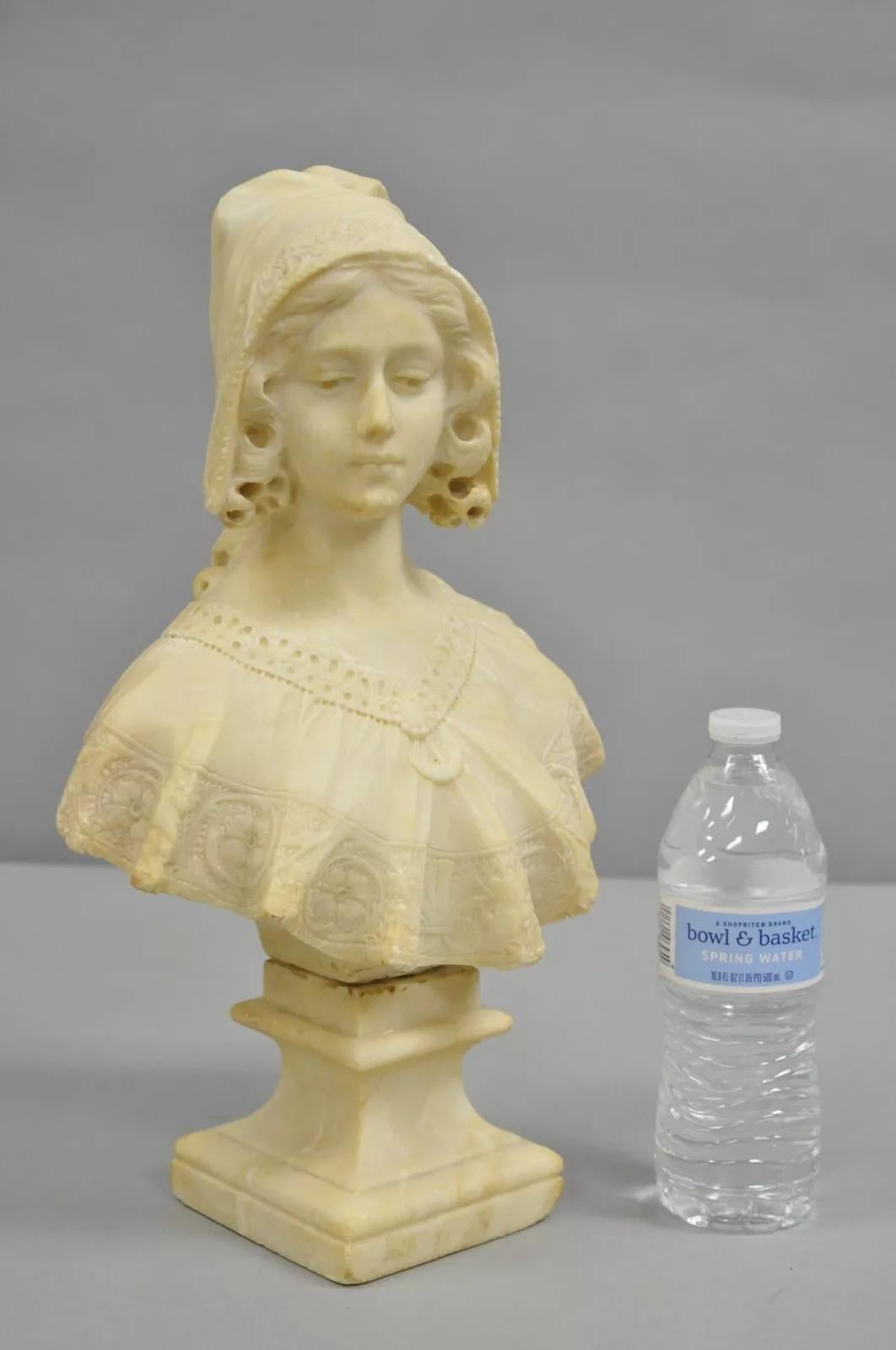 Antique Victorian Carved Alabaster Marble Figural Young Woman Maiden Bust Statue. Circa Early 20th Century. Measurements: 16