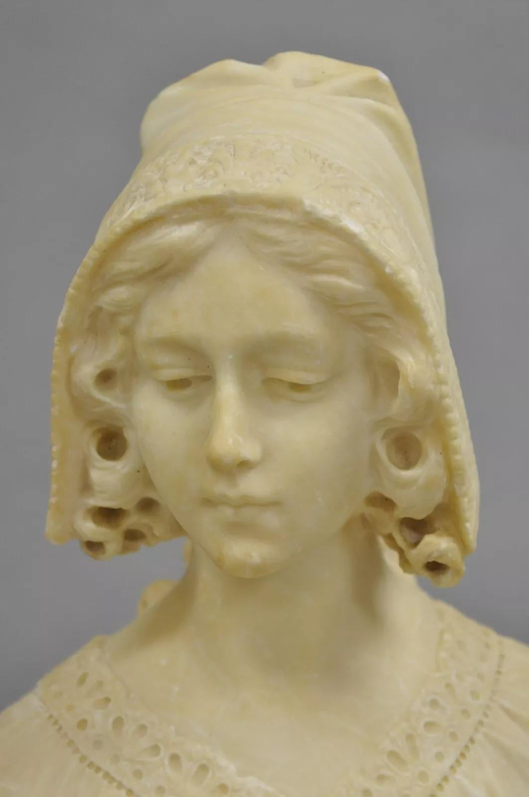 Unknown Antique Victorian Carved Alabaster Marble Figural Young Woman Maiden Bust Statue For Sale